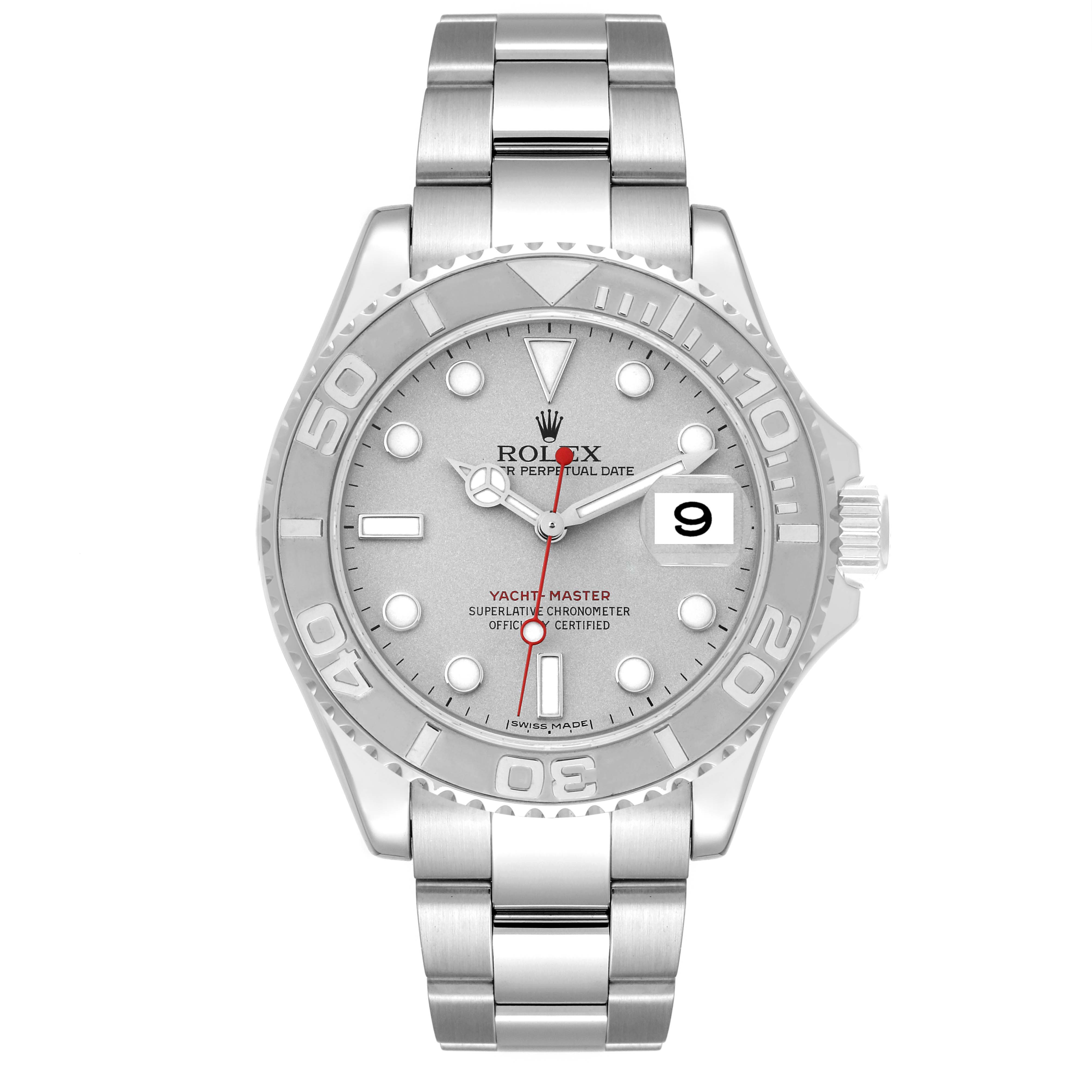 The Rolex Yacht-Master 16622 Men's Stainless Steel Silver Dial 16622 Men's Stainless Steel Silver Dial watch is shown from a front angle, displaying the bezel, dial, hands, bracelet, and date window.