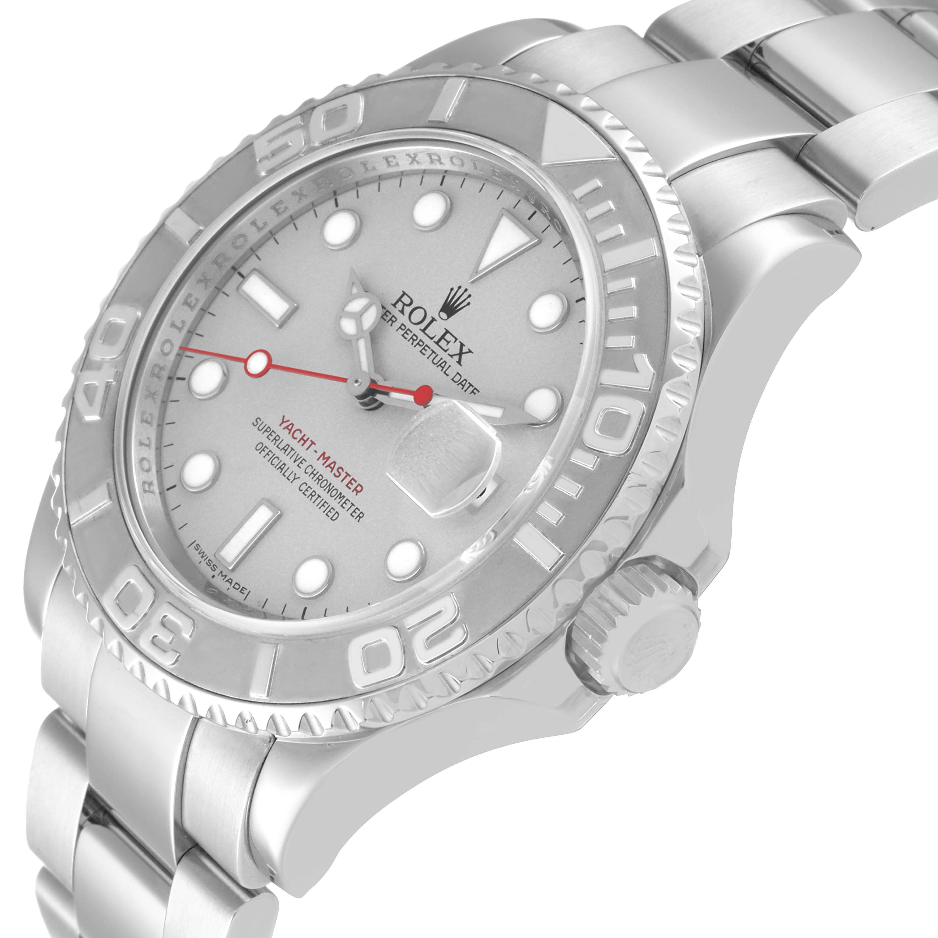 This image shows a close-up angle of the Rolex Yacht-Master 16622 Men's Stainless Steel Silver Dial 16622 Men's Stainless Steel Silver Dial watch, highlighting the face, bezel, crown, and part of the bracelet.