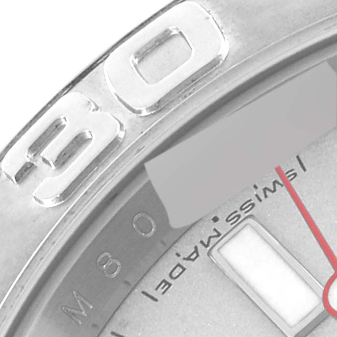 The image shows a close-up view of the bezel and part of the dial of a Rolex Yacht-Master 16622 Men's Stainless Steel Silver Dial 16622 Men's Stainless Steel Silver Dial watch.