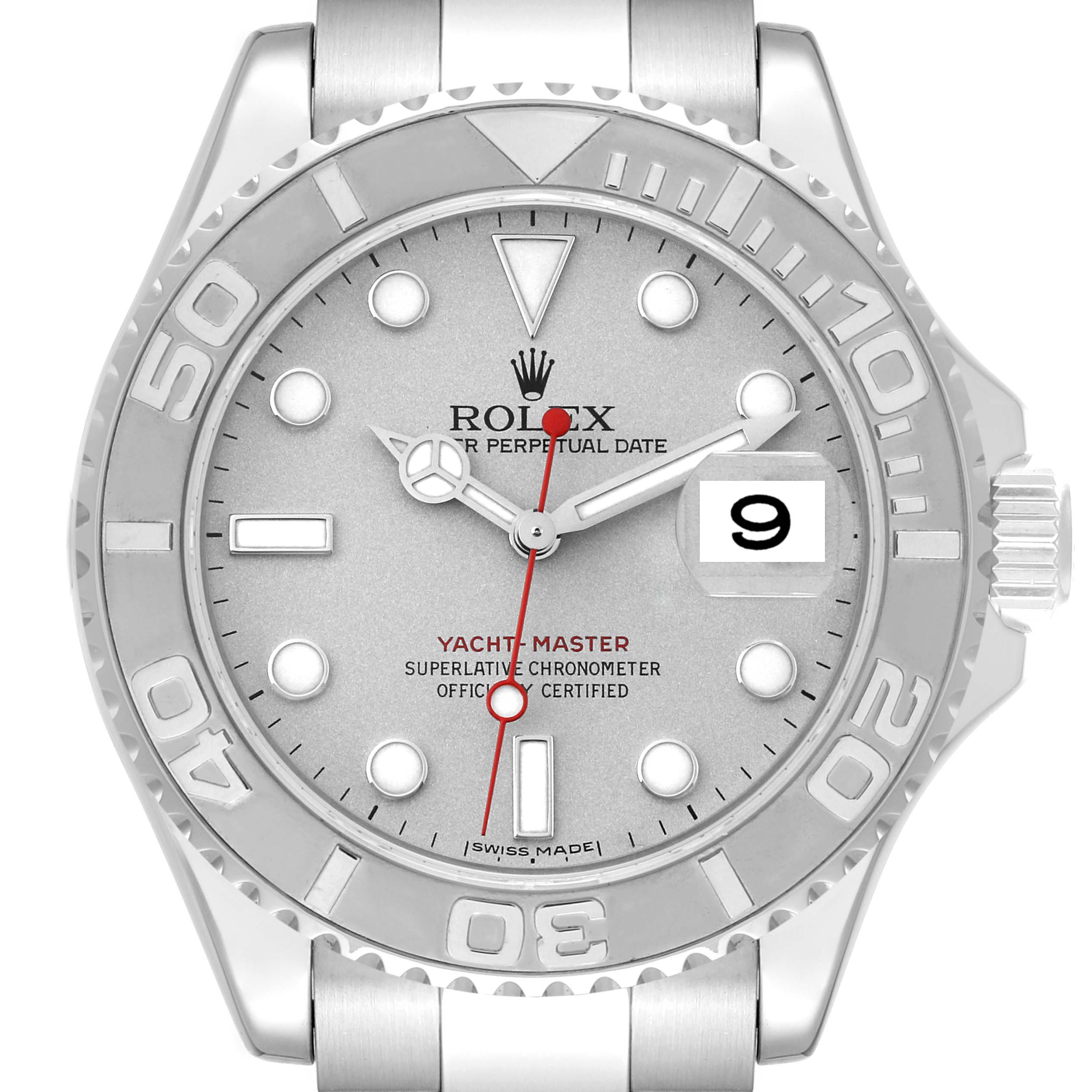 The image shows a frontal view of a Rolex Yacht-Master 16622 Men's Stainless Steel Silver Dial 16622 Men's Stainless Steel Silver Dial watch, displaying the dial, hands, bezel, and part of the bracelet.