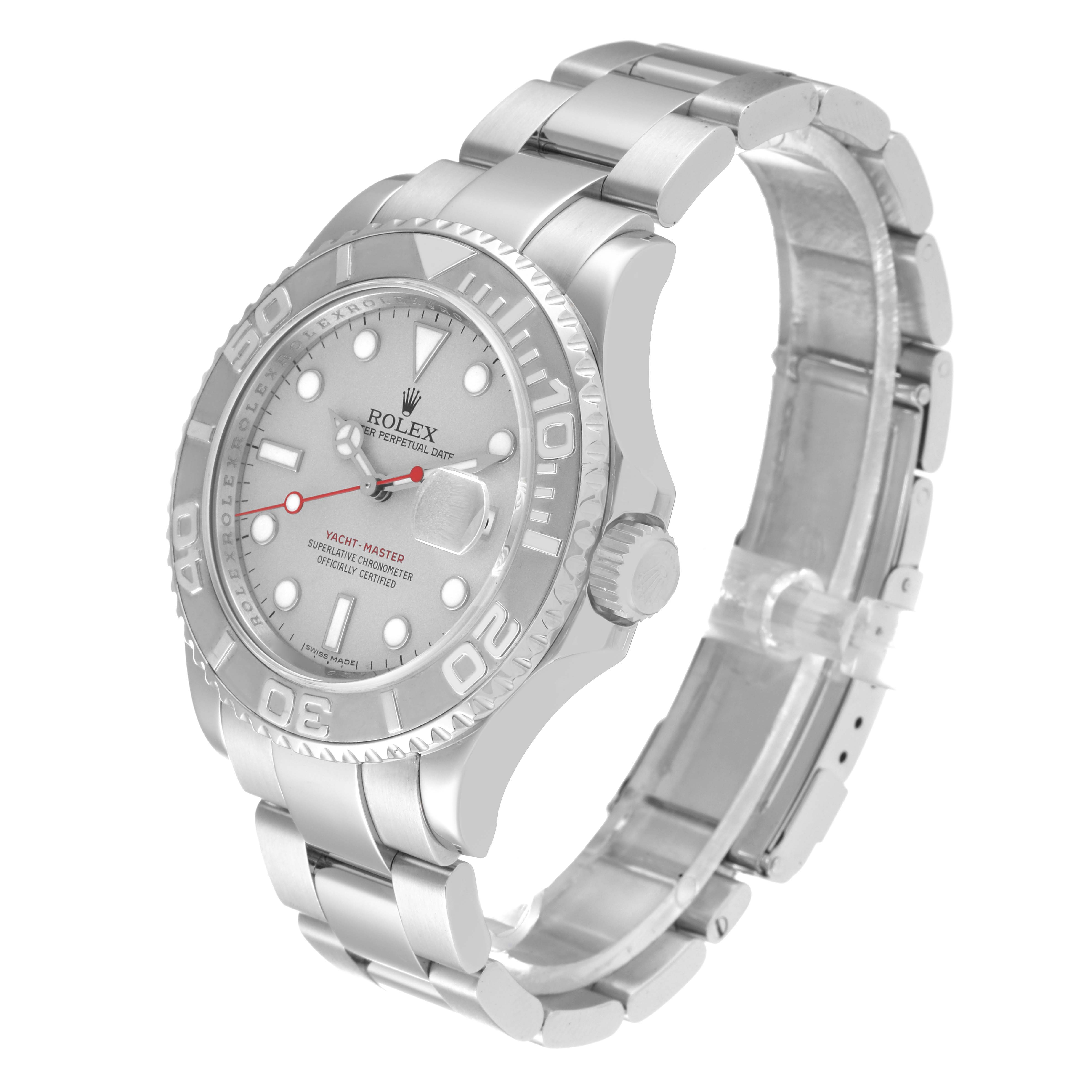 This Rolex Yacht-Master 16622 Men's Stainless Steel Silver Dial 16622 Men's Stainless Steel Silver Dial watch is shown at a three-quarter angle, displaying the dial, bezel, and bracelet.