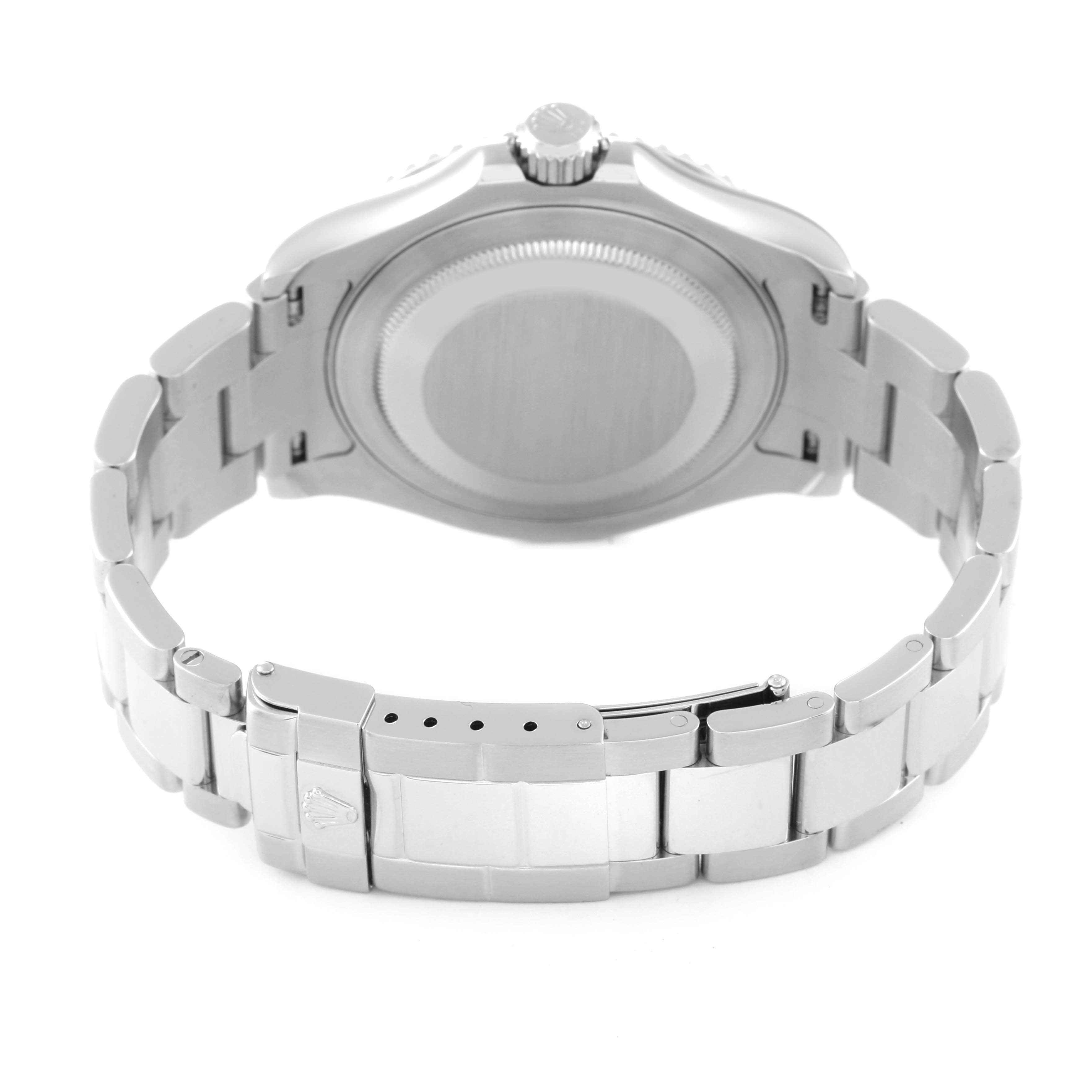 This image shows the back view of a Rolex Yacht-Master 16622 Men's Stainless Steel Silver Dial 16622 Men's Stainless Steel Silver Dial watch, highlighting the bracelet, clasp, and case back.
