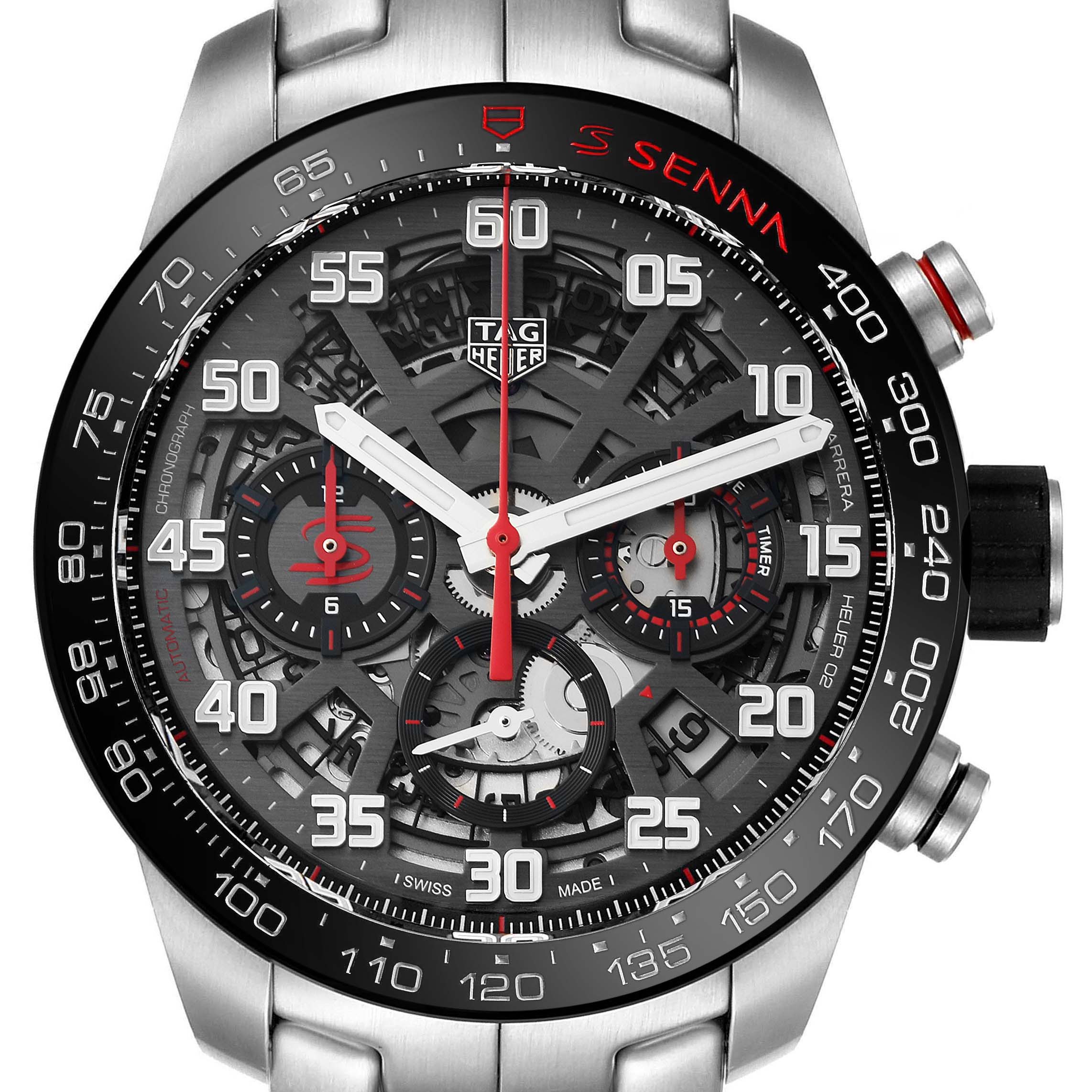 The image shows a frontal view of a Tag Heuer Carrera CBG2013.BA0657 Men's Stainless Steel Black Dial CBG2013.BA0657 Men's Stainless Steel Black Dial watch, highlighting its detailed dial and chronograph features.