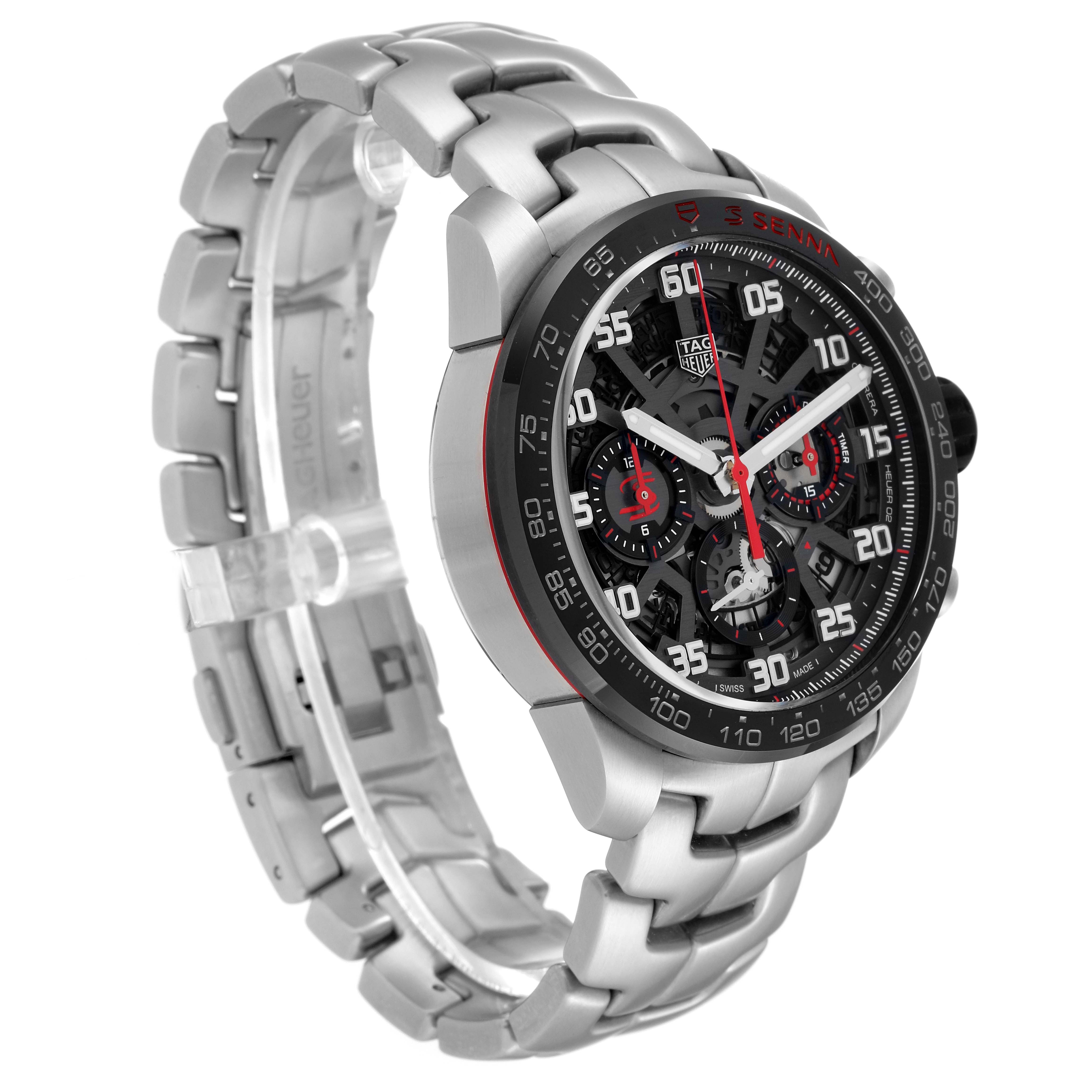 This Tag Heuer Carrera CBG2013.BA0657 Men's Stainless Steel Black Dial CBG2013.BA0657 Men's Stainless Steel Black Dial watch is shown at a three-quarter angle, highlighting its metallic band, dial, and bezel.