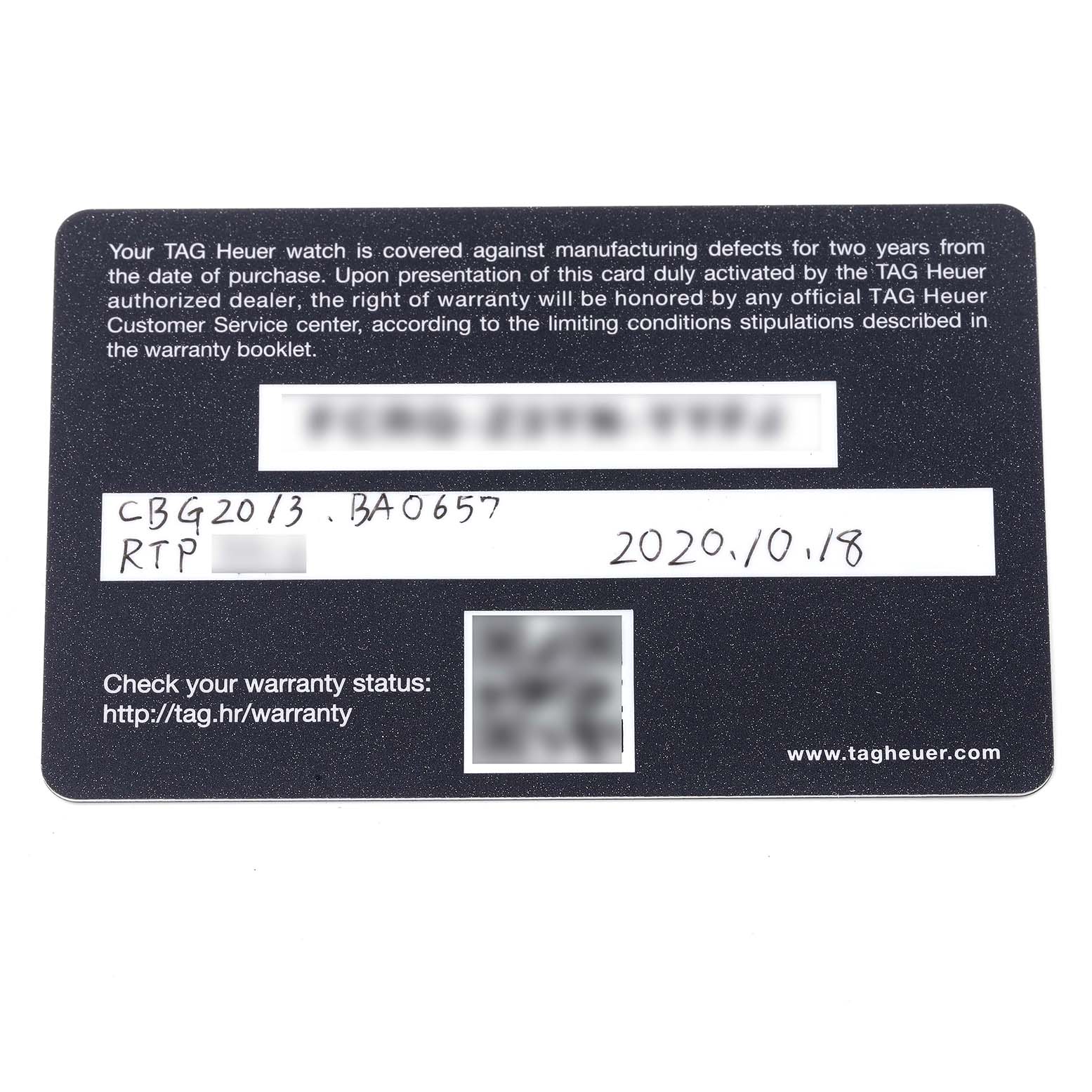 This image shows the warranty card for a Tag Heuer Carrera CBG2013.BA0657 Men's Stainless Steel Black Dial CBG2013.BA0657 Men's Stainless Steel Black Dial model watch, outlining warranty details and purchase information.