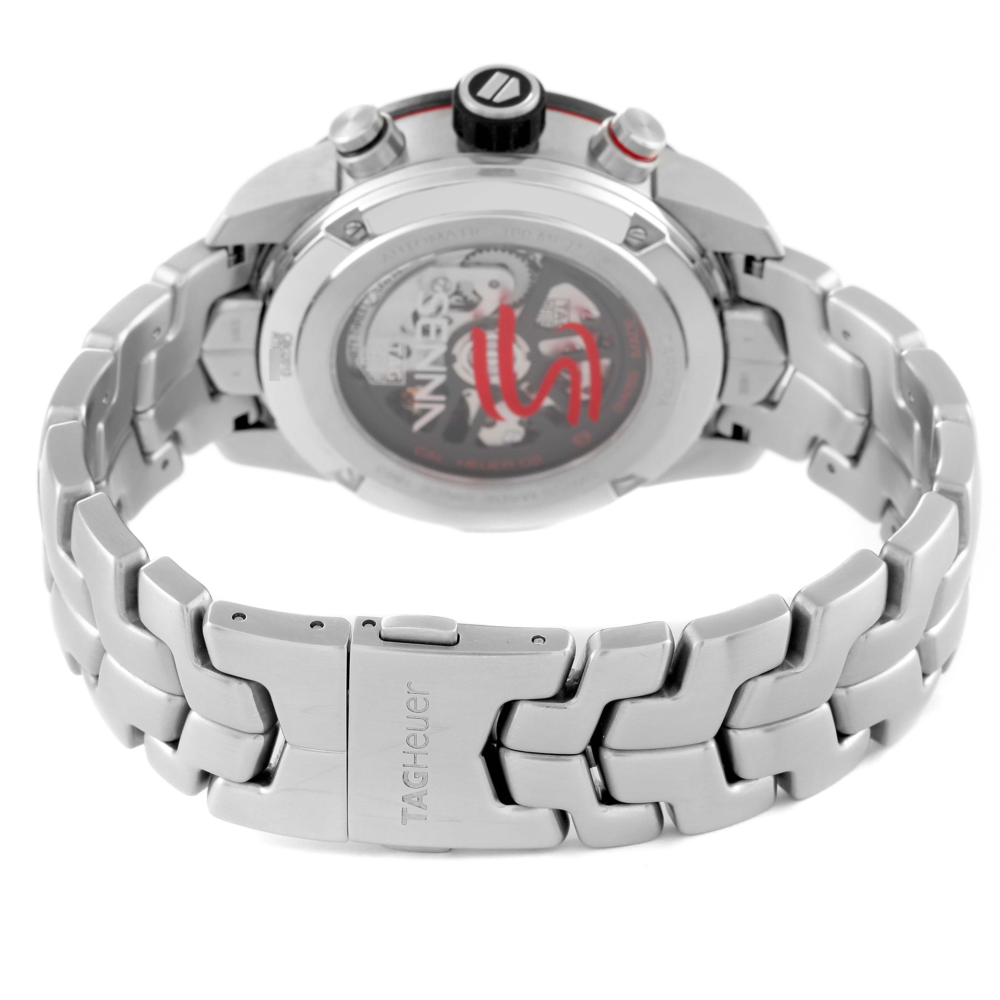 The image shows the back and bracelet of a Tag Heuer Carrera CBG2013.BA0657 Men's Stainless Steel Black Dial CBG2013.BA0657 Men's Stainless Steel Black Dial watch, focusing on the clasp and case back.