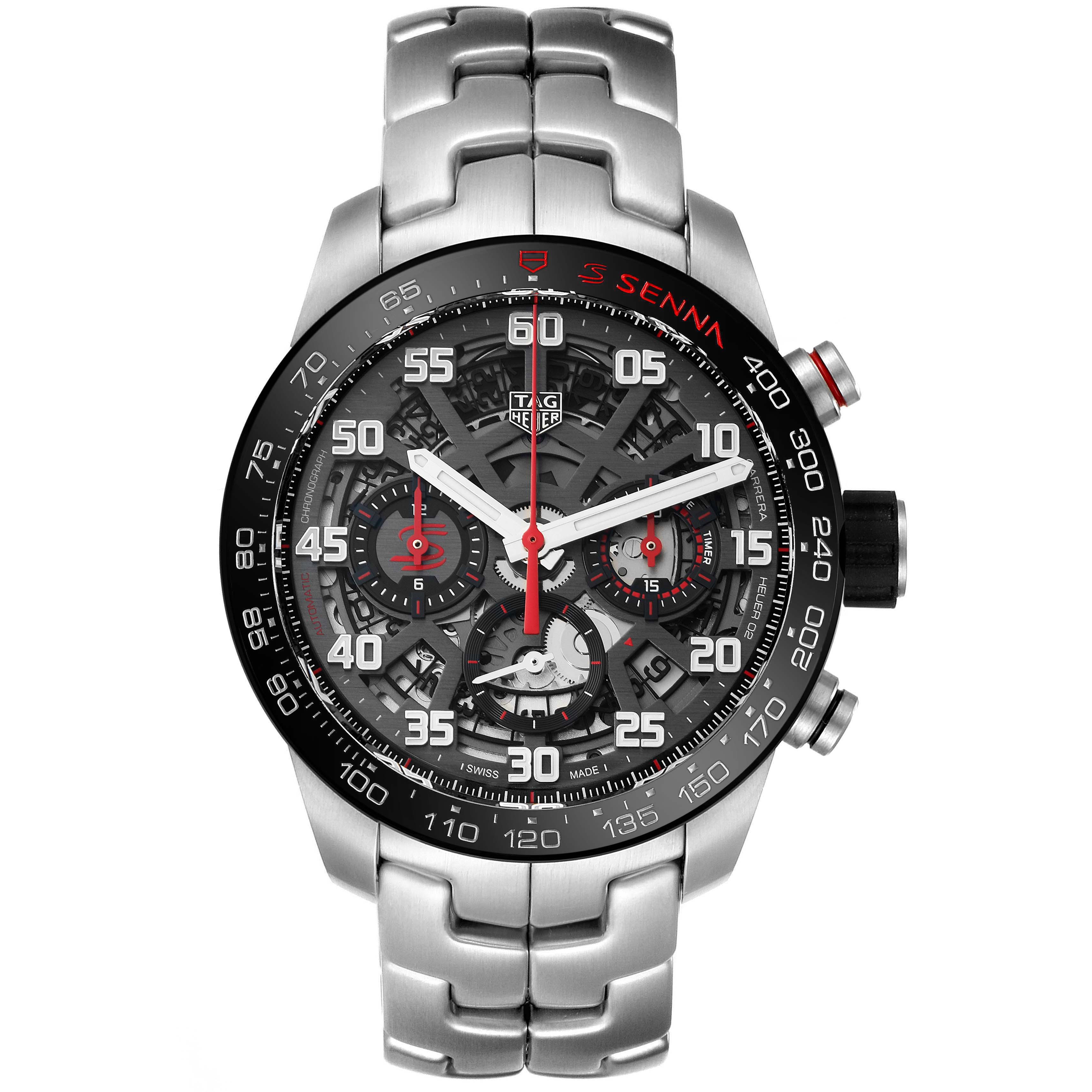 The image shows the face and partial bracelet of a Tag Heuer Carrera CBG2013.BA0657 Men's Stainless Steel Black Dial CBG2013.BA0657 Men's Stainless Steel Black Dial watch, viewed from the front.