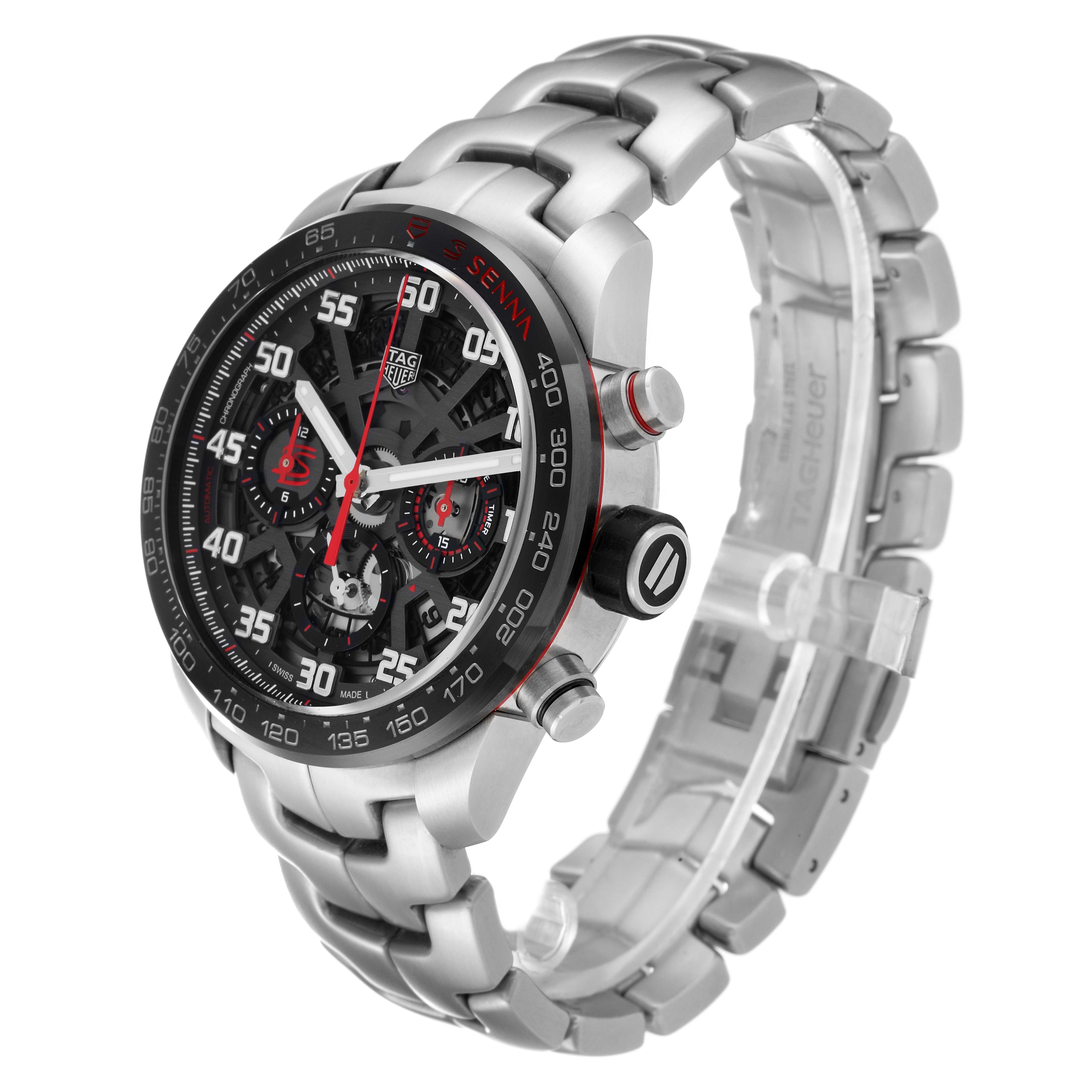 The Tag Heuer Carrera CBG2013.BA0657 Men's Stainless Steel Black Dial CBG2013.BA0657 Men's Stainless Steel Black Dial model watch is shown at a three-quarter angle, highlighting the face, case, and metal bracelet.