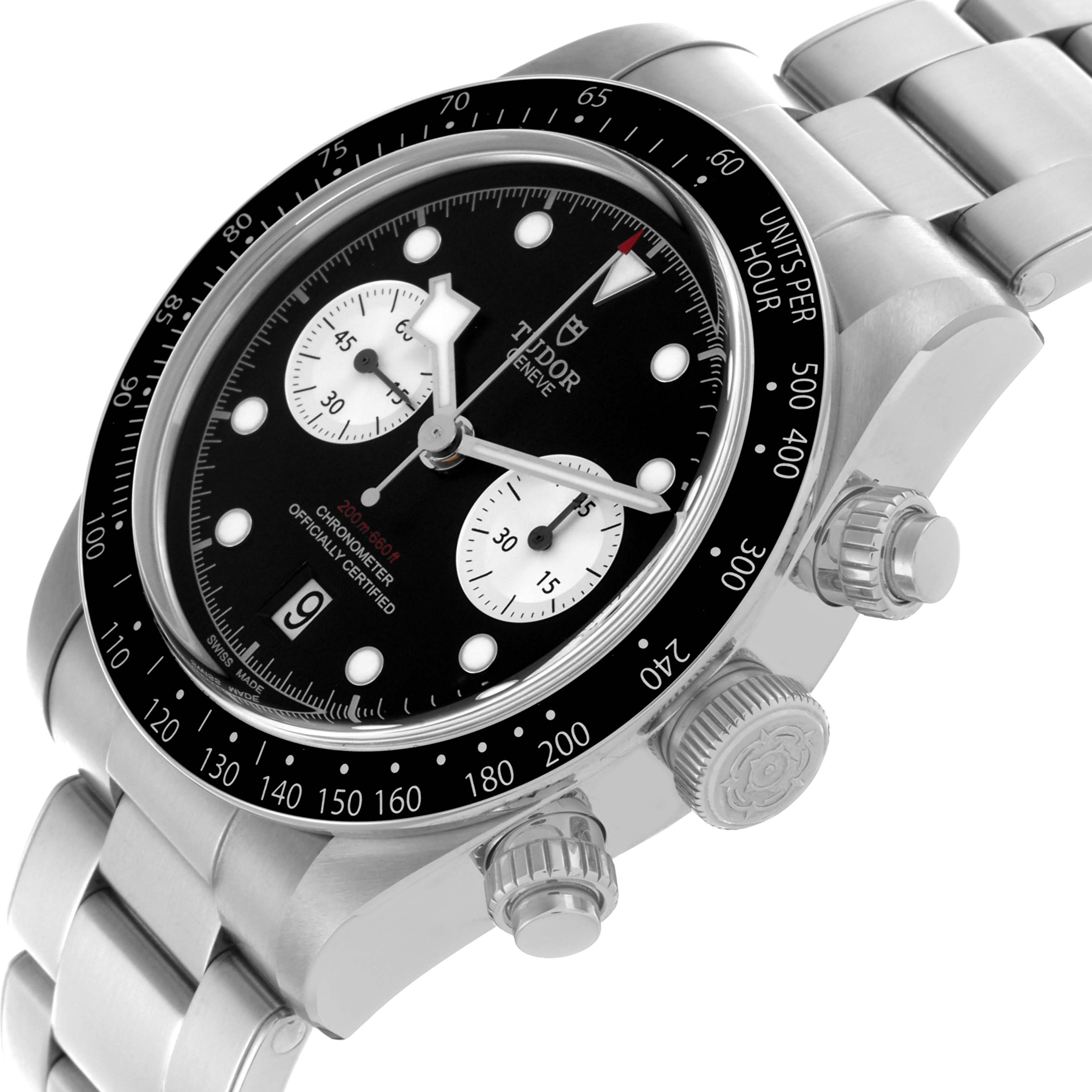The Tudor Heritage Chrono 79360N-0001 Men's Stainless Steel Black Dial 79360N-0001 Men's Stainless Steel Black Dial watch is shown at an angled side view, displaying the dial, bezel, crown, pushers, and part of the bracelet.