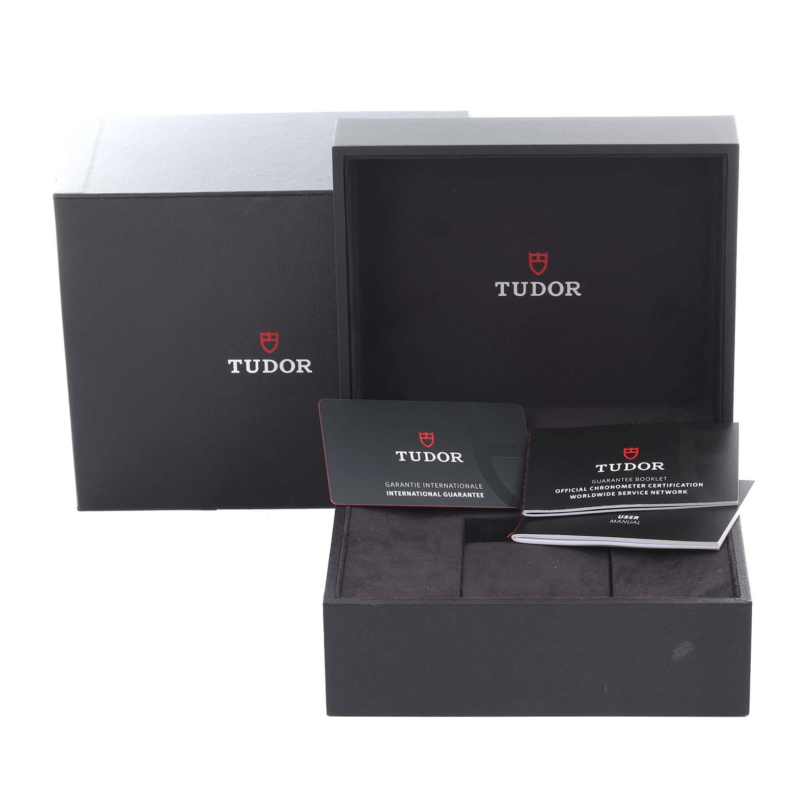 The image shows Tudor Heritage Chrono 79360N-0001 Men's Stainless Steel Black Dial 79360N-0001 Men's Stainless Steel Black Dial packaging and documentation, including a box and guarantee card.