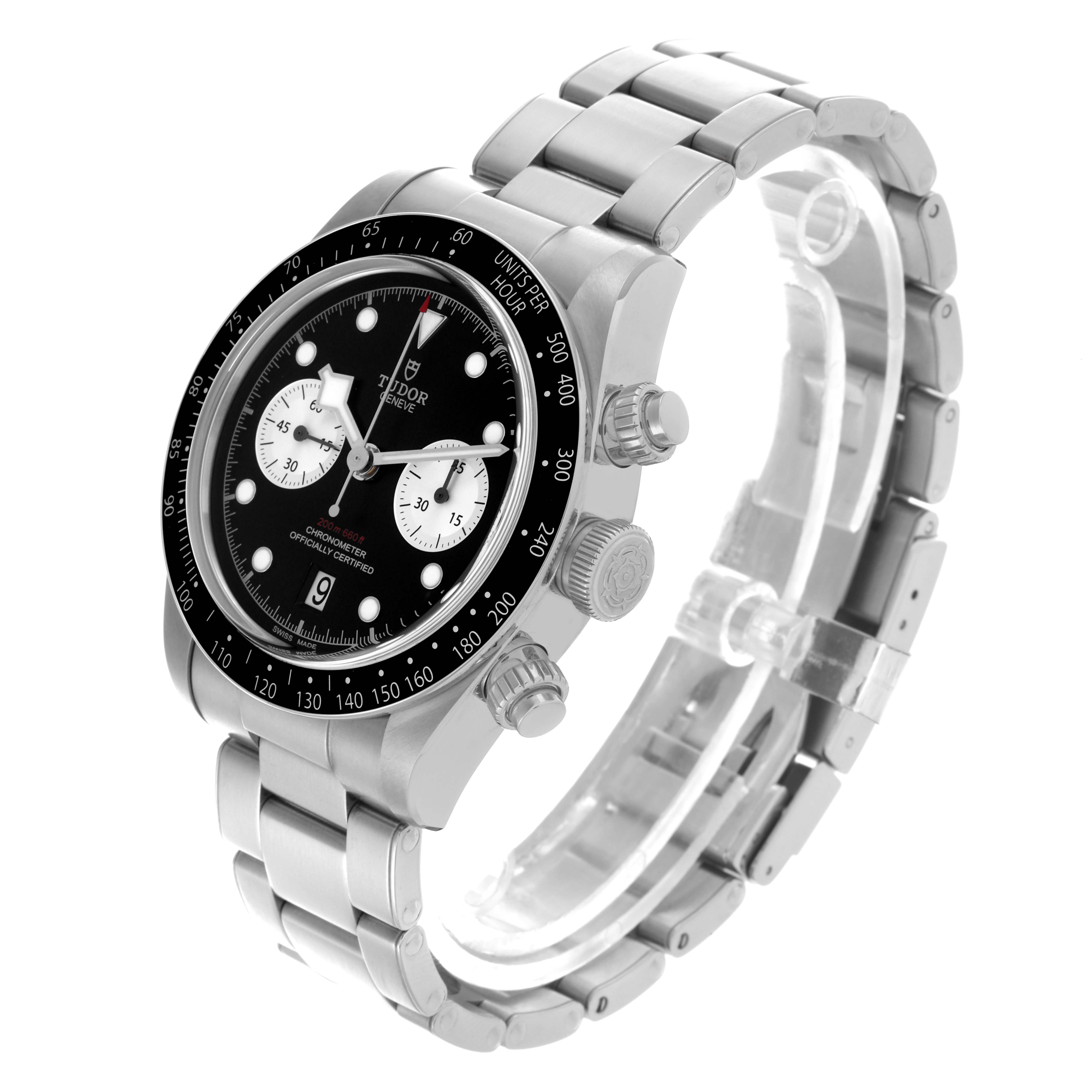 The Tudor Heritage Chrono 79360N-0001 Men's Stainless Steel Black Dial 79360N-0001 Men's Stainless Steel Black Dial watch is shown at an angled side view, displaying its face, bezel, pushers, crown, and bracelet.