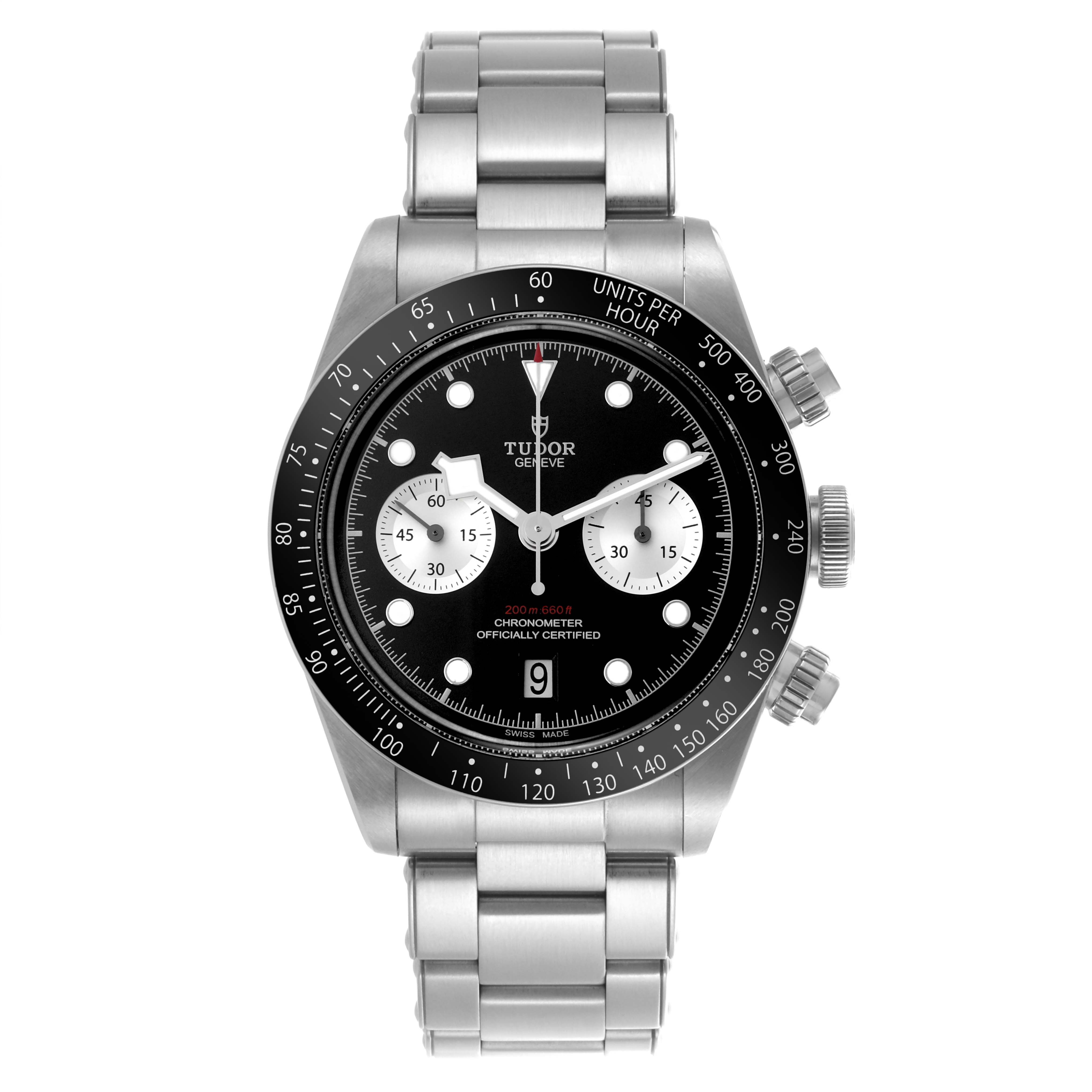 The Tudor Heritage Chrono 79360N-0001 Men's Stainless Steel Black Dial 79360N-0001 Men's Stainless Steel Black Dial watch is shown from the front, displaying the dial, bezel, subdials, and bracelet.