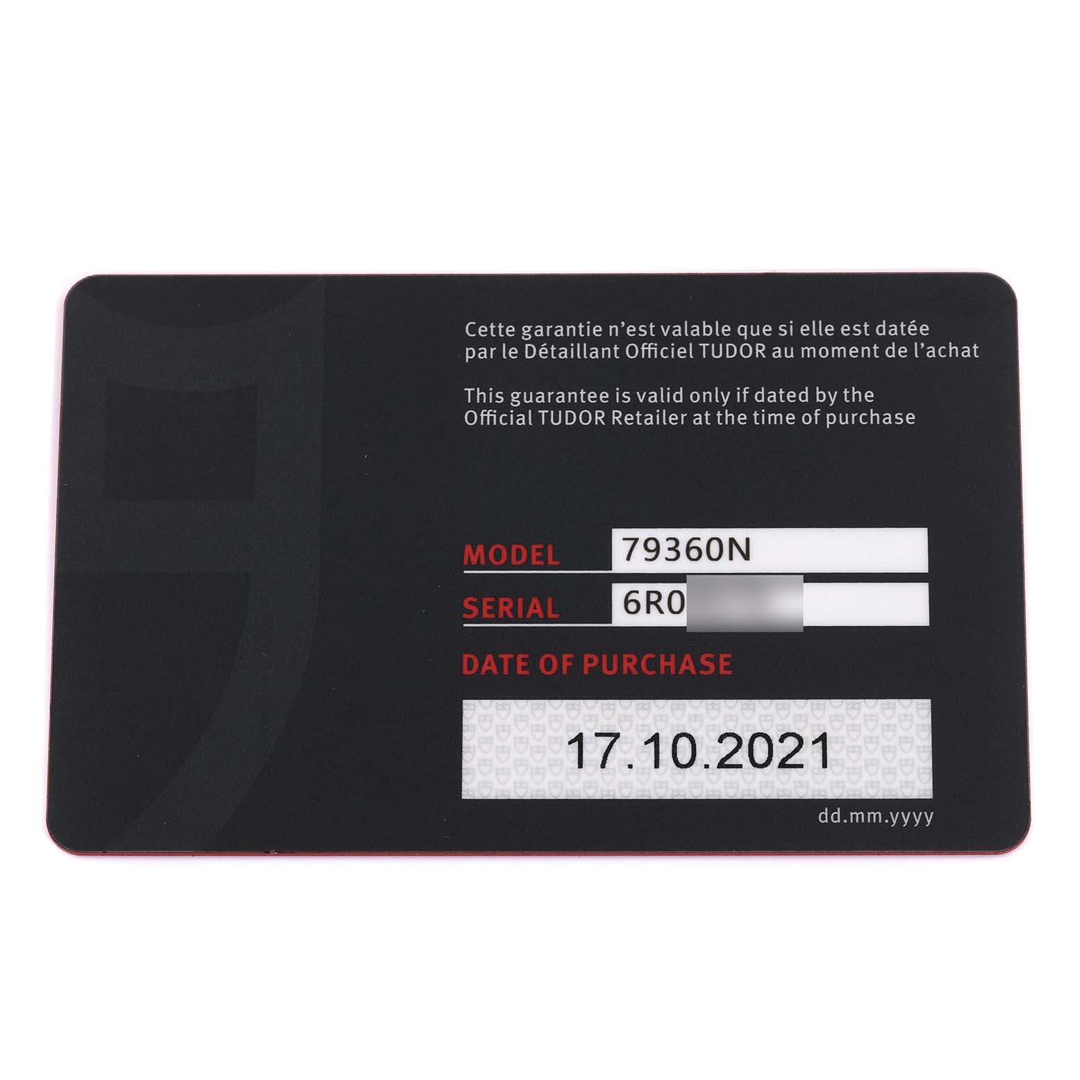 The image shows a warranty card for the Tudor Heritage Chrono 79360N-0001 Men's Stainless Steel Black Dial 79360N-0001 Men's Stainless Steel Black Dial model 79360N, displaying model, serial number, and purchase date.