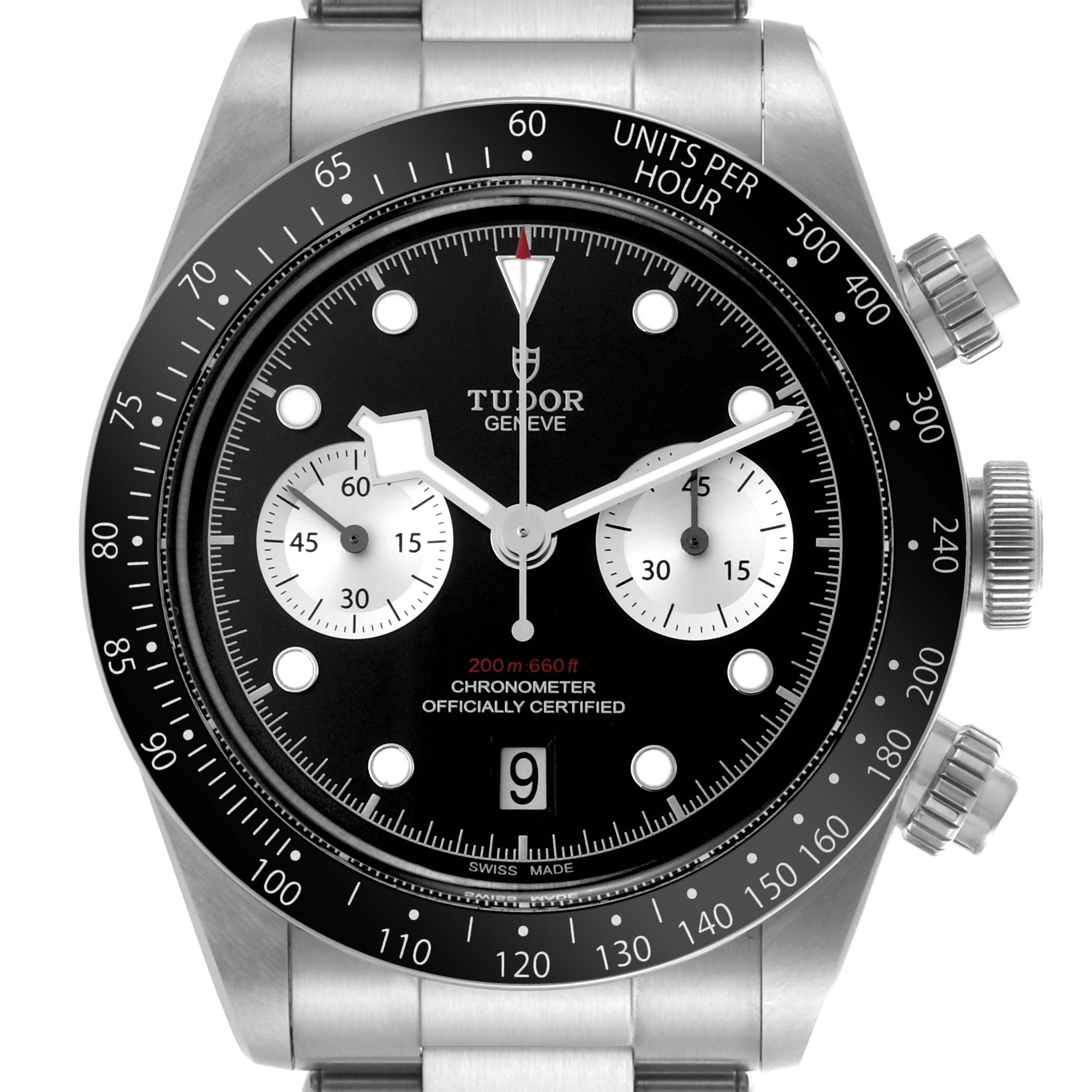 The Tudor Heritage Chrono 79360N-0001 Men's Stainless Steel Black Dial 79360N-0001 Men's Stainless Steel Black Dial watch is shown from the front, displaying its dial, bezel, and pushers.
