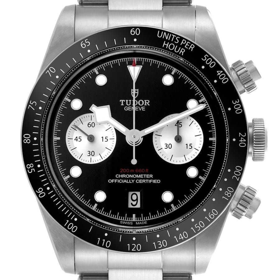 The Tudor Heritage Chrono watch is shown from the front, displaying its dial, bezel, and pushers.