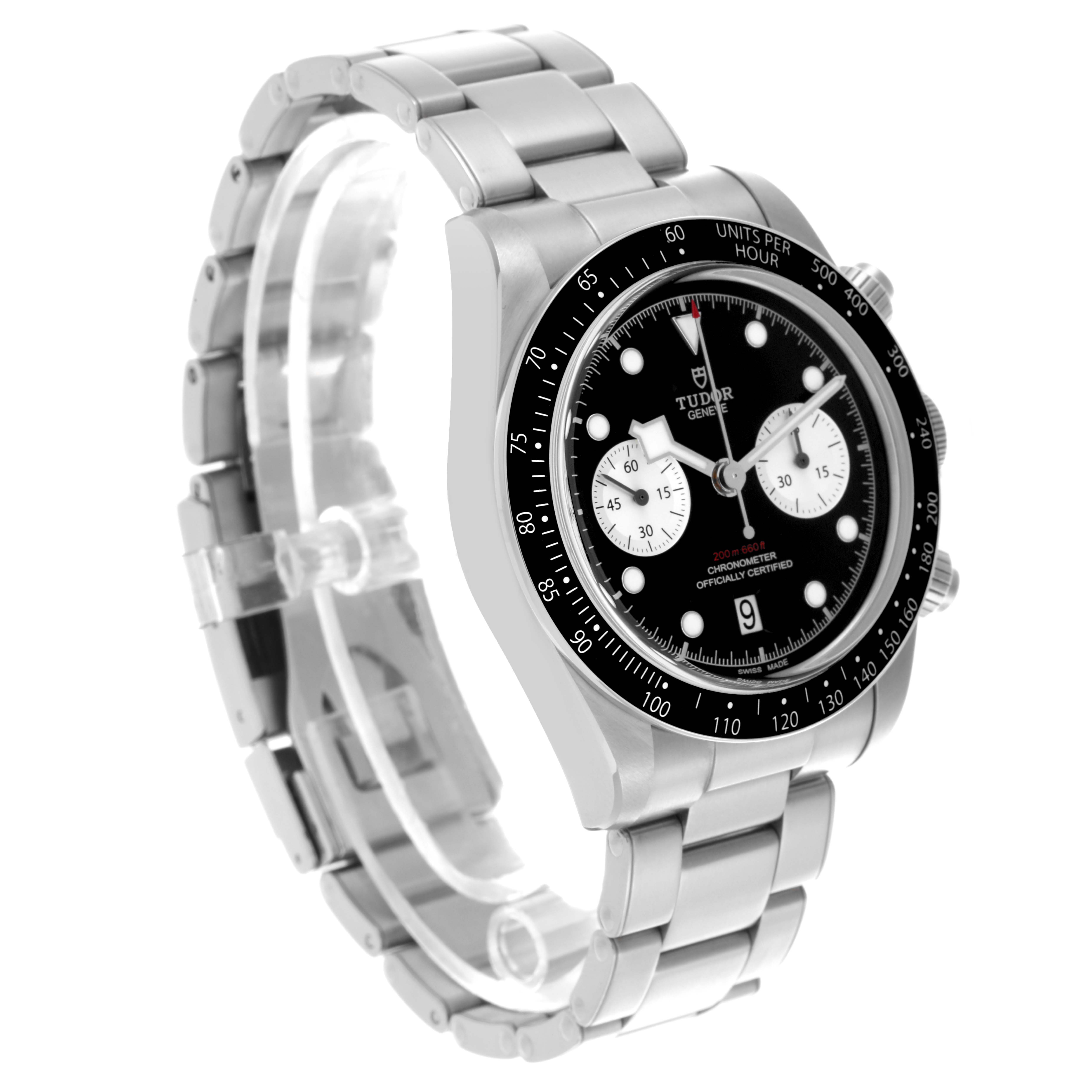 The Tudor Heritage Chrono 79360N-0001 Men's Stainless Steel Black Dial 79360N-0001 Men's Stainless Steel Black Dial watch is shown from a slightly angled, top-side view, highlighting the face, bezel, and bracelet.