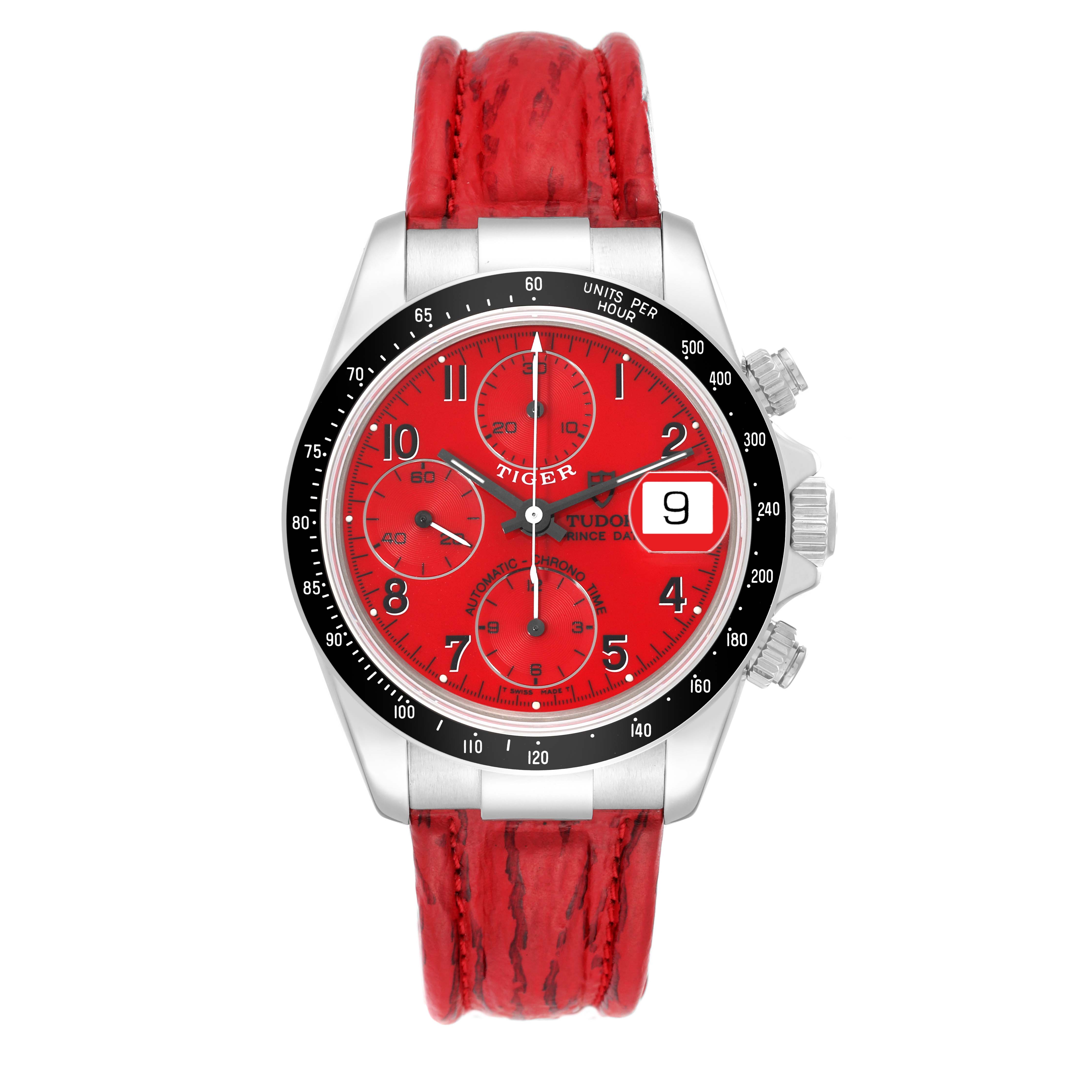 The image shows a front view of the Tudor Prince watch model, featuring a red dial, date window, and red strap.