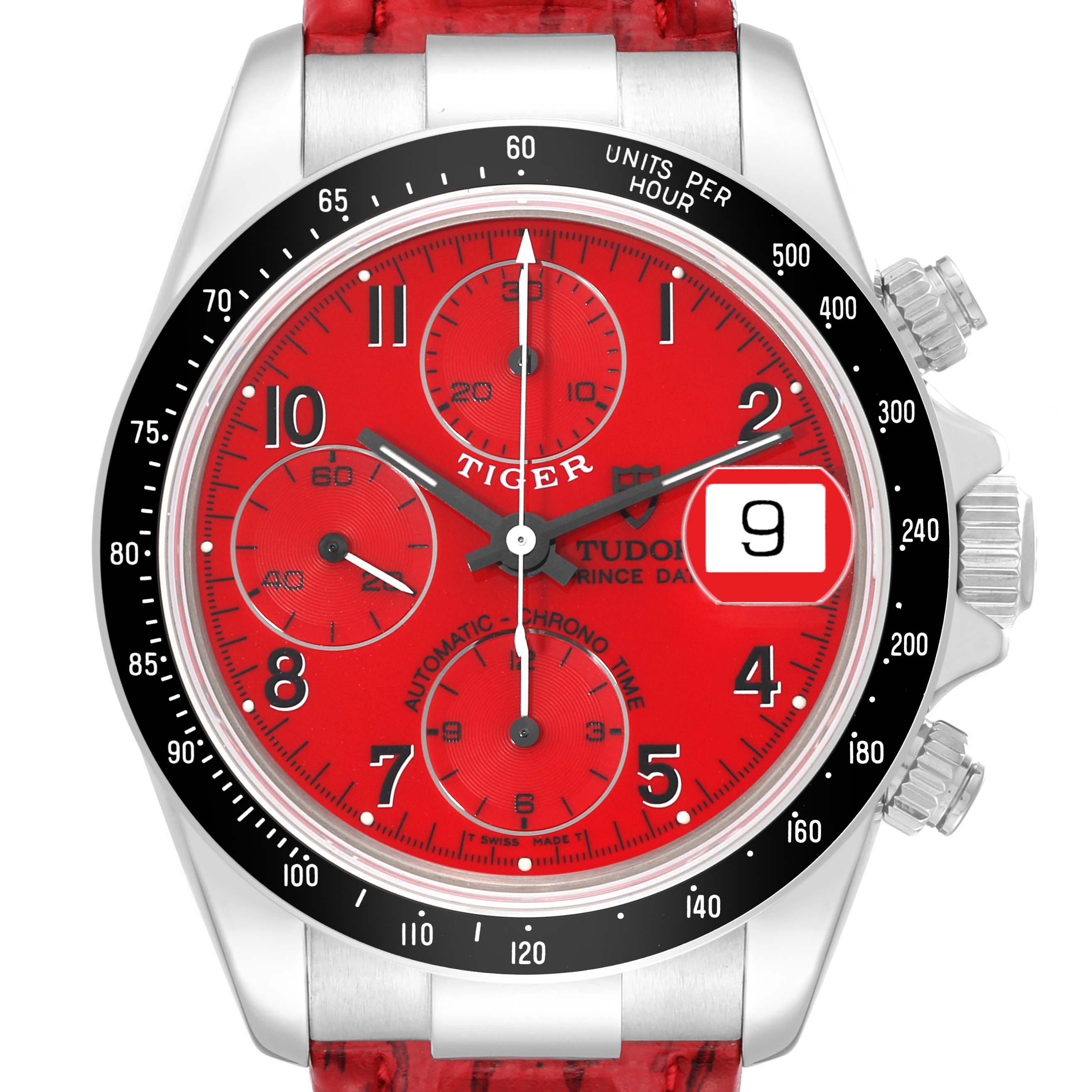 This is a frontal view of the Tudor Tiger 79260P Men's Stainless Steel Red Dial 79260P Men's Stainless Steel Red Dial watch, showing its red dial, chronograph subdials, and date window.