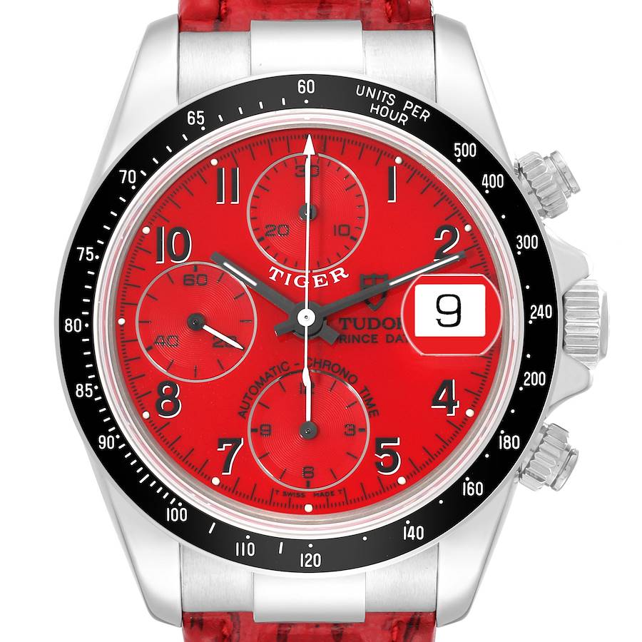 Tudor Tiger Woods Prince Date Red Dial Leather Strap Steel Mens Watch 79260 SwissWatchExpo