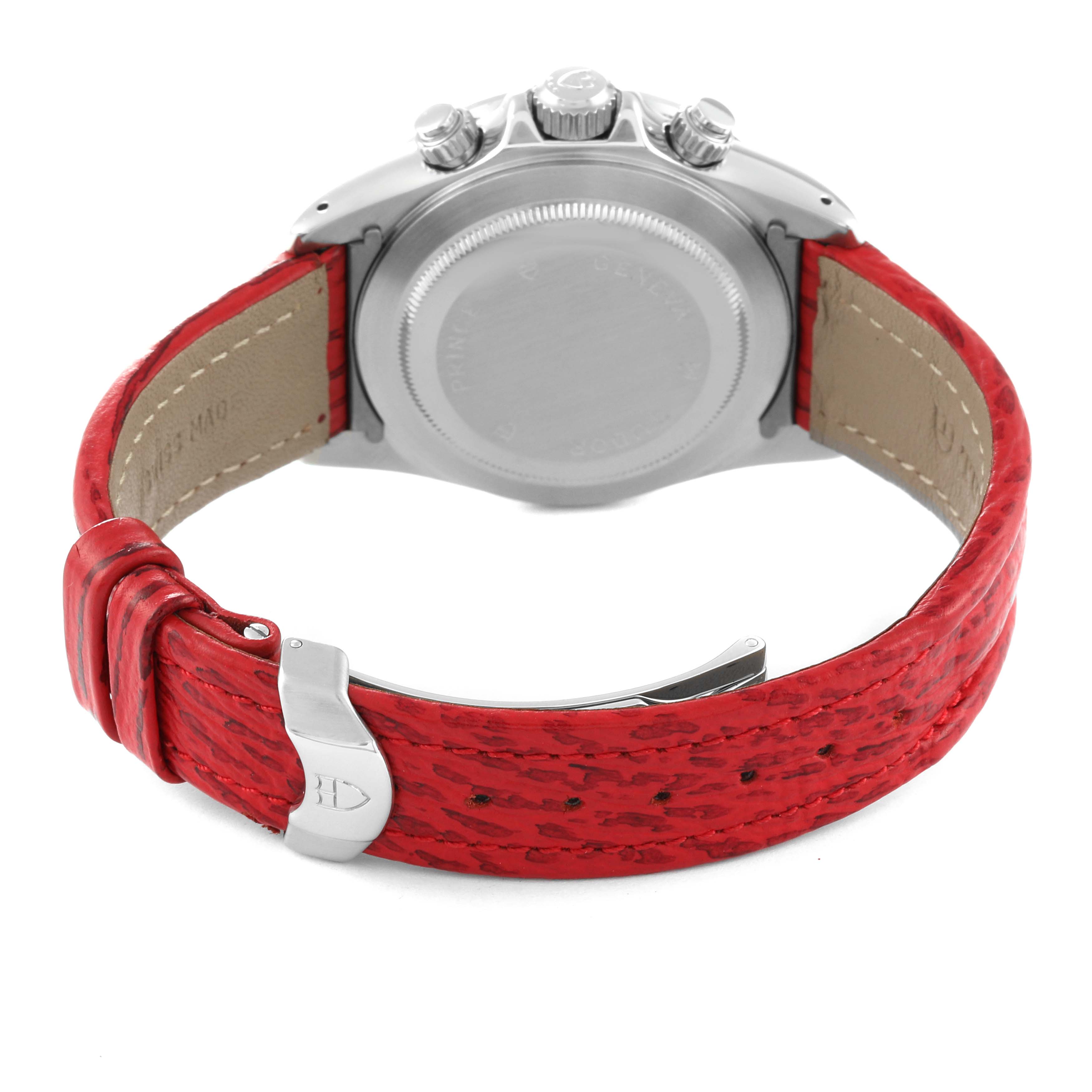 The image shows the back view of the Tudor Prince watch with a red leather strap and buckle.