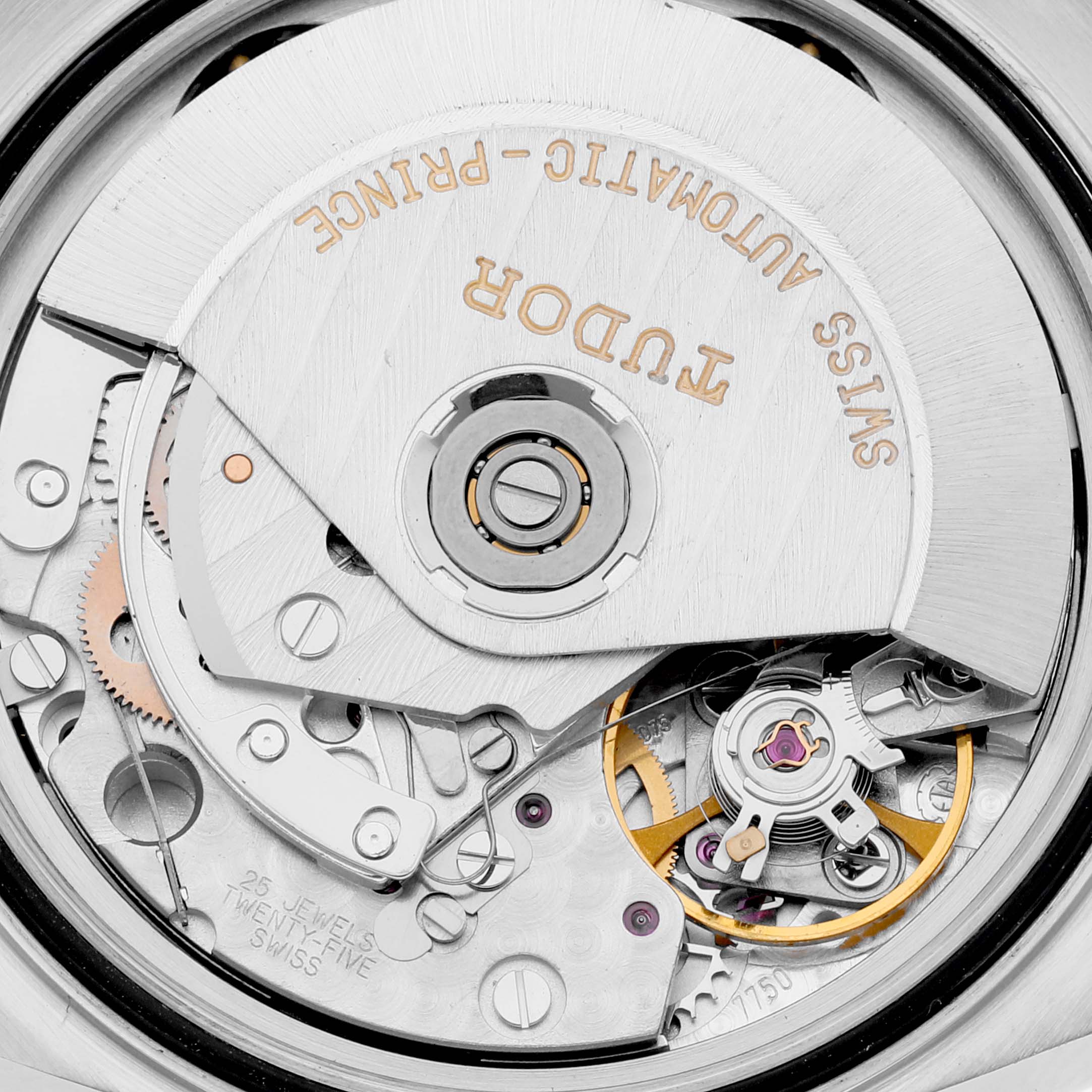 The image shows the movement and internal mechanisms of the Tudor Prince watch model, viewed from the back.
