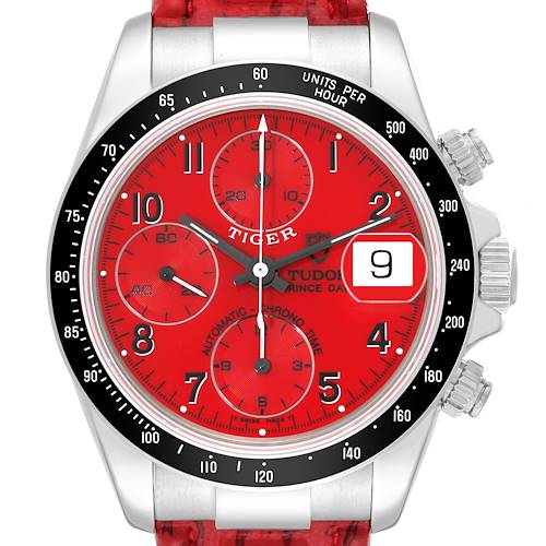 Photo of Tudor Tiger Woods Prince Date Red Dial Leather Strap Steel Mens Watch 79260