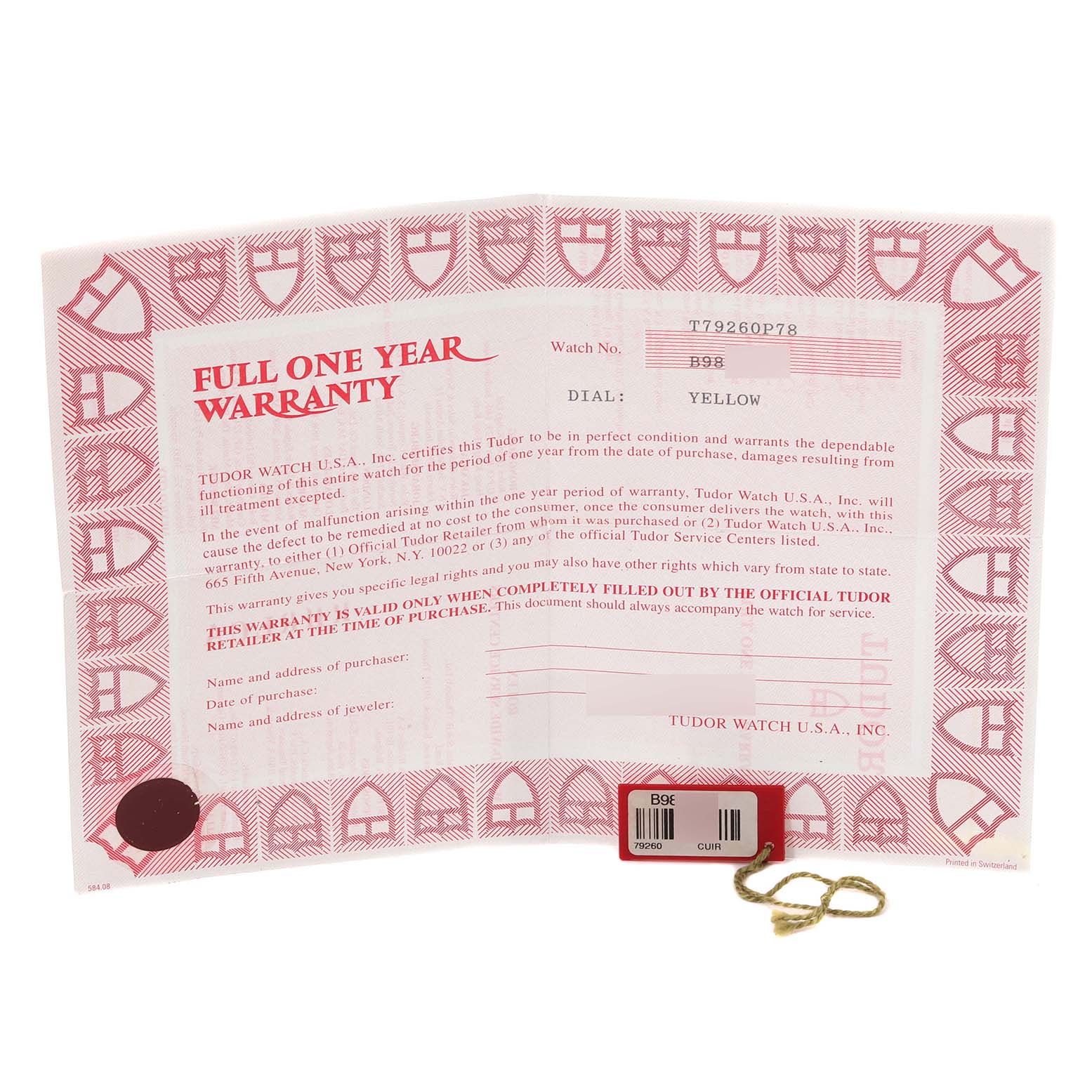 The image shows a warranty card for the Tudor Prince model watch along with the attached barcode tag.