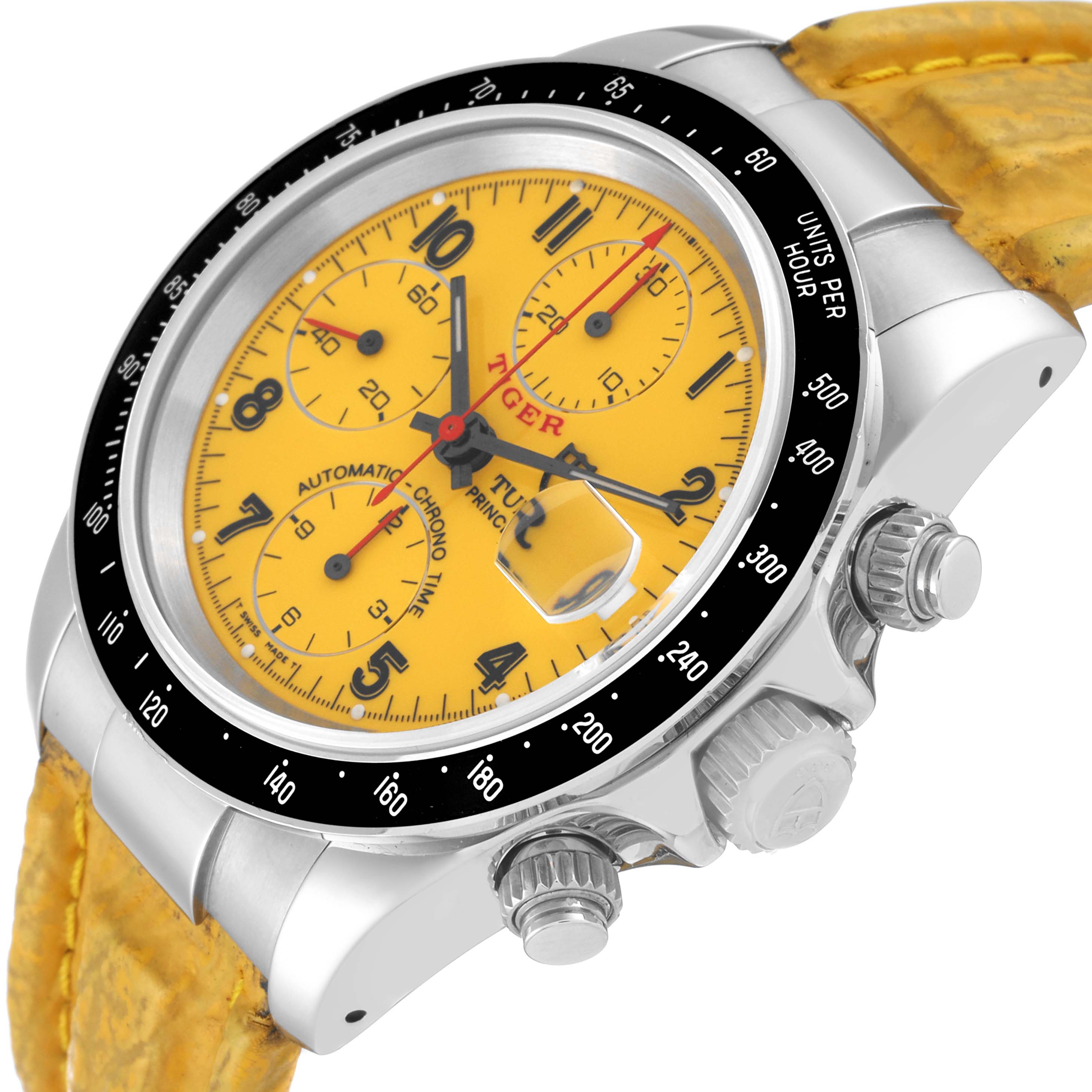 This angle shows the face and side of the Tudor Prince watch, highlighting its yellow dial, subdials, bezel, crown, and pushers.