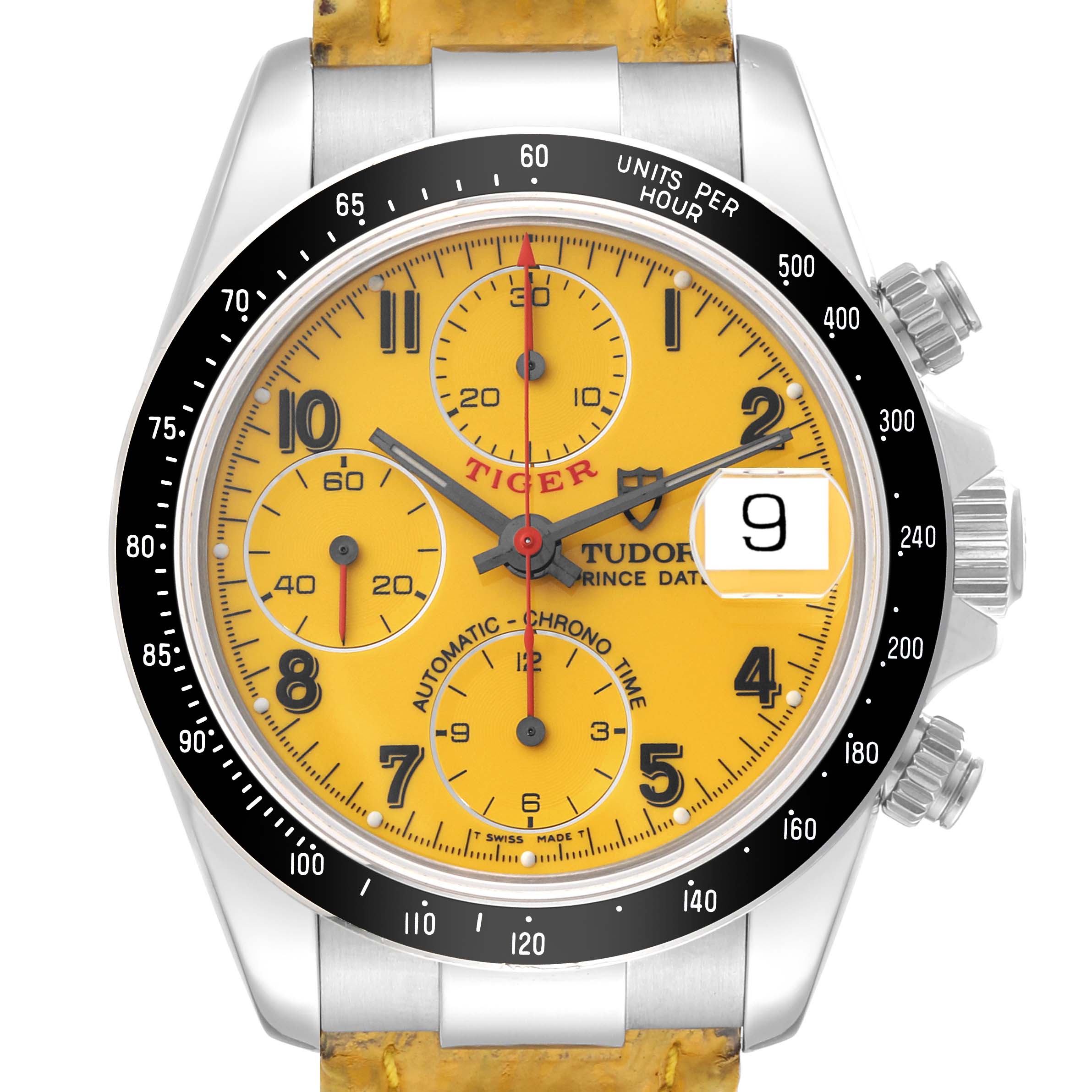 The image shows a front view of the Tudor Tiger 79260 Men's Stainless Steel Yellow Dial 79260 Men's Stainless Steel Yellow Dial model watch, highlighting its yellow dial, chronograph subdials, and date window.