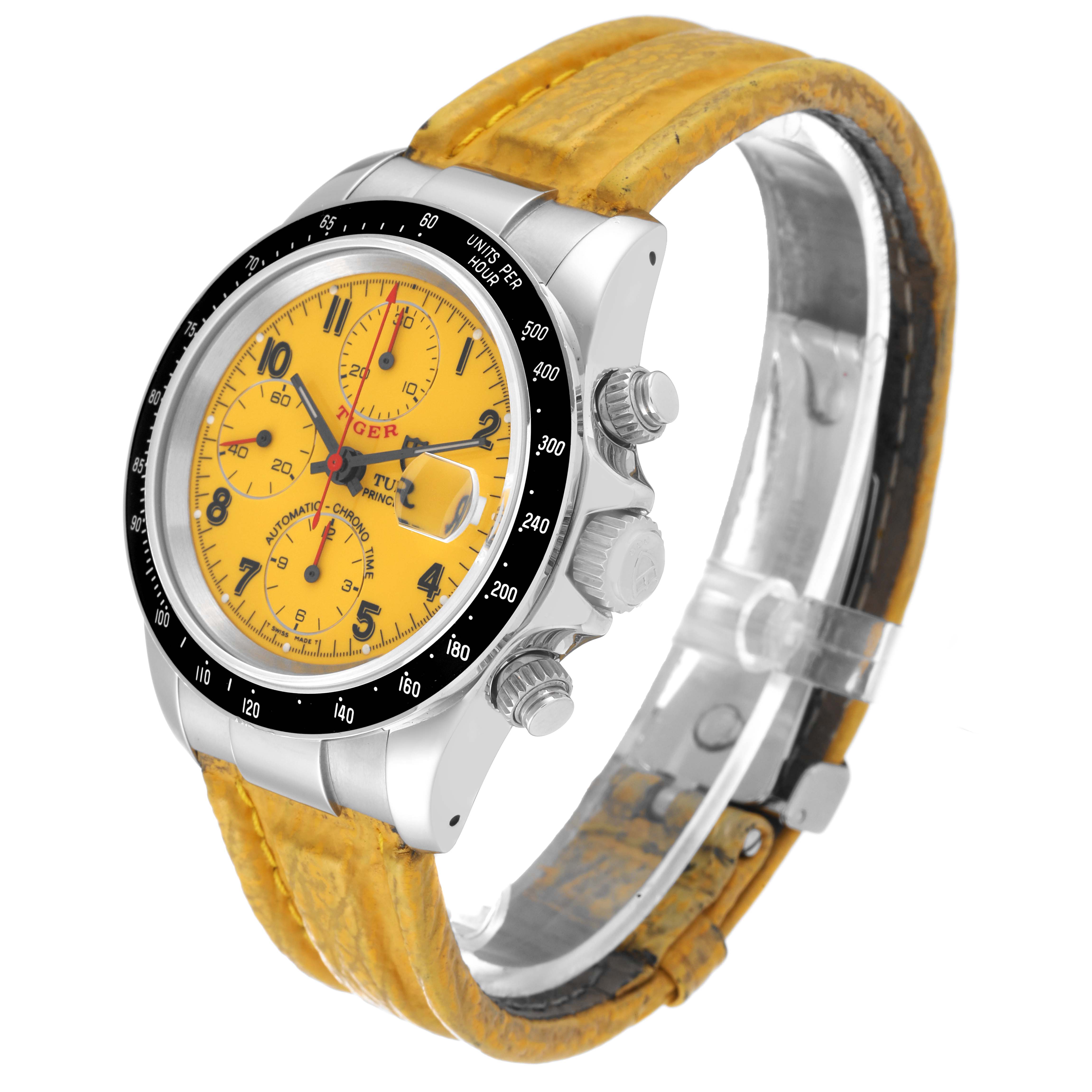The image shows a Tudor Prince model watch with a yellow dial, bezel, and leather strap, angled from the front-left side.