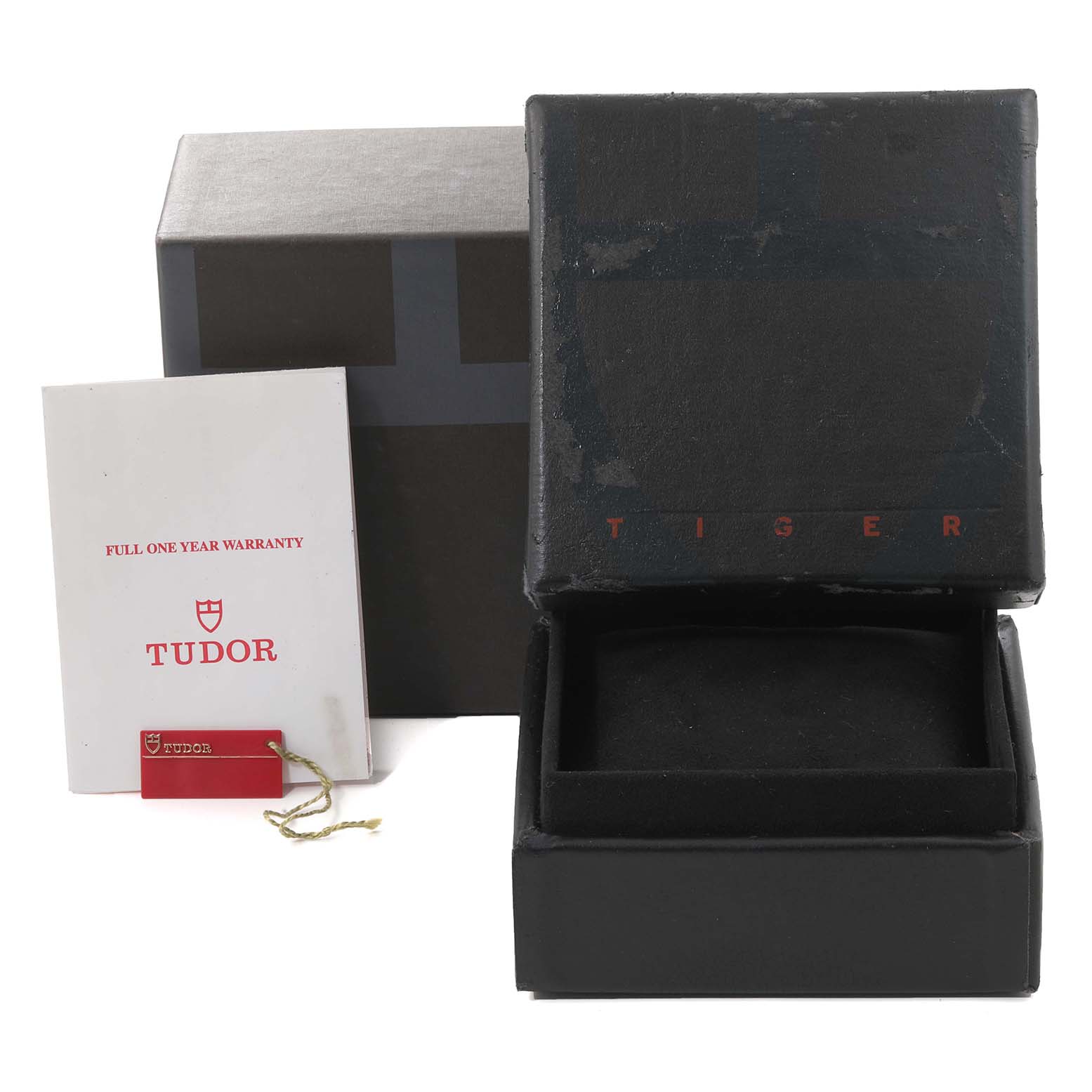 The image shows the packaging, warranty card, and box for a Tudor Prince watch.