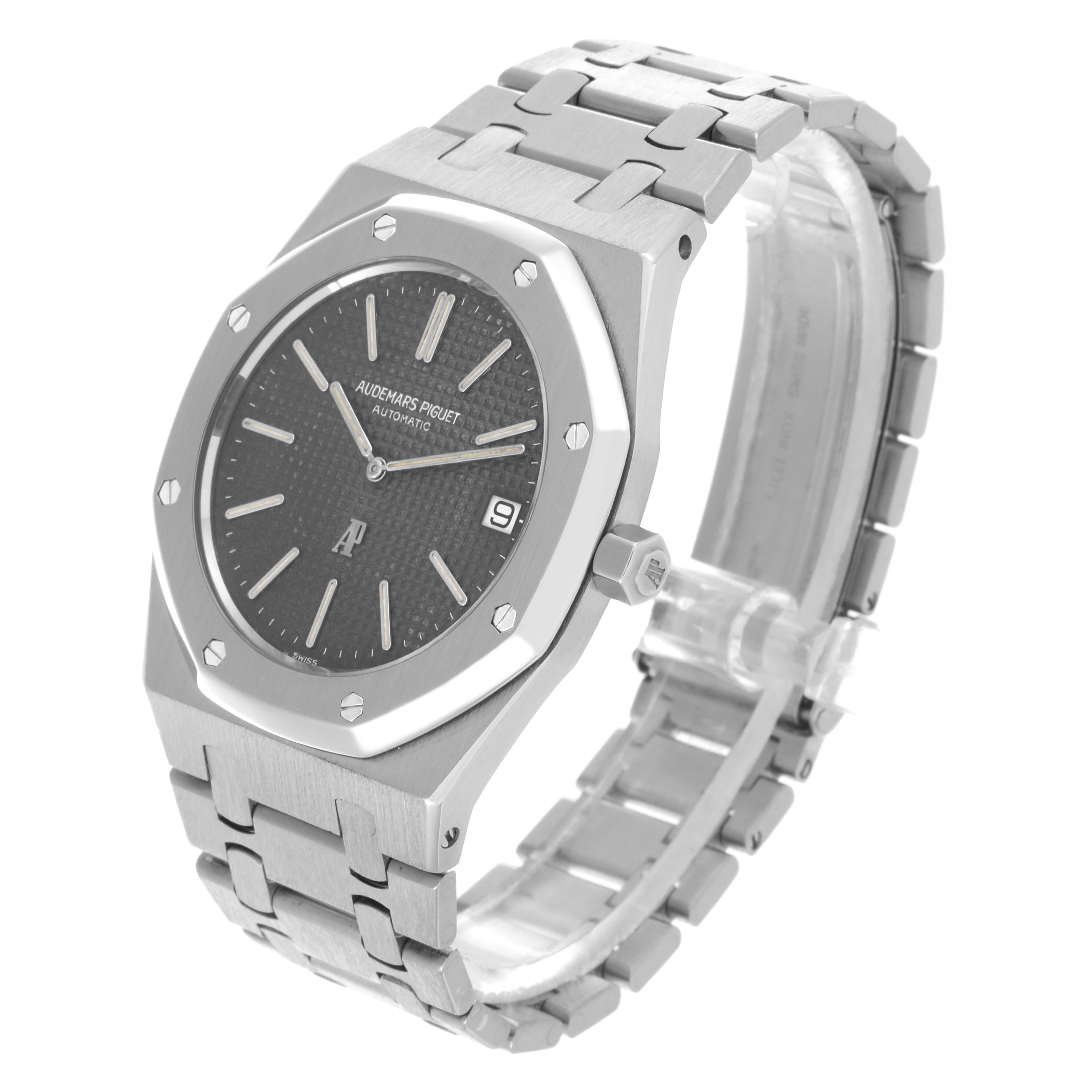 The Audemars Piguet Royal Oak 5402ST Men's Stainless Steel Black Dial 5402ST Men's Stainless Steel Black Dial watch is shown at a three-quarter angle, displaying the face, bezel, bracelet, and side profile.