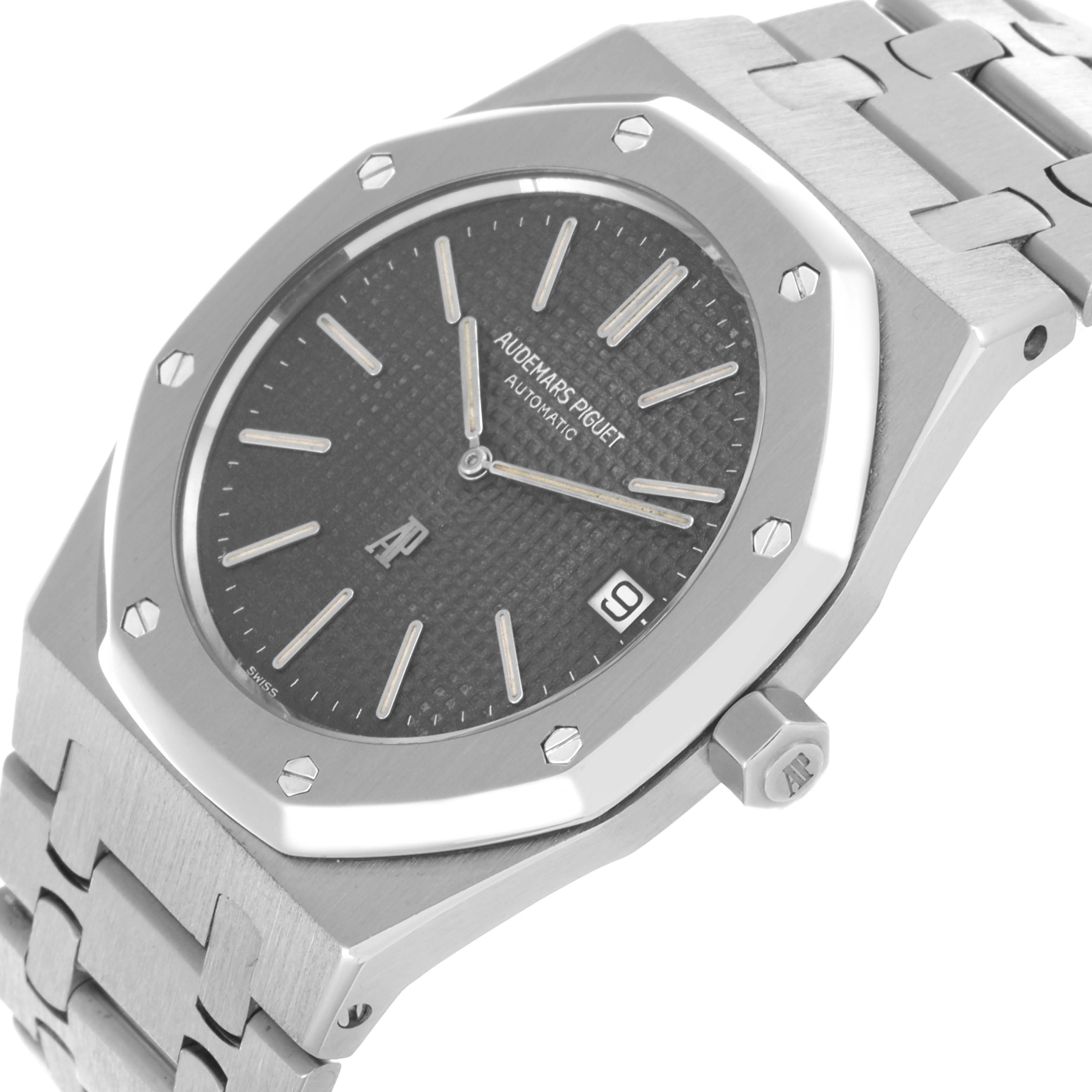 The Audemars Piguet Royal Oak 5402ST Men's Stainless Steel Black Dial 5402ST Men's Stainless Steel Black Dial watch is shown at a slight side angle, displaying the bezel, dial, crown, and part of the bracelet.