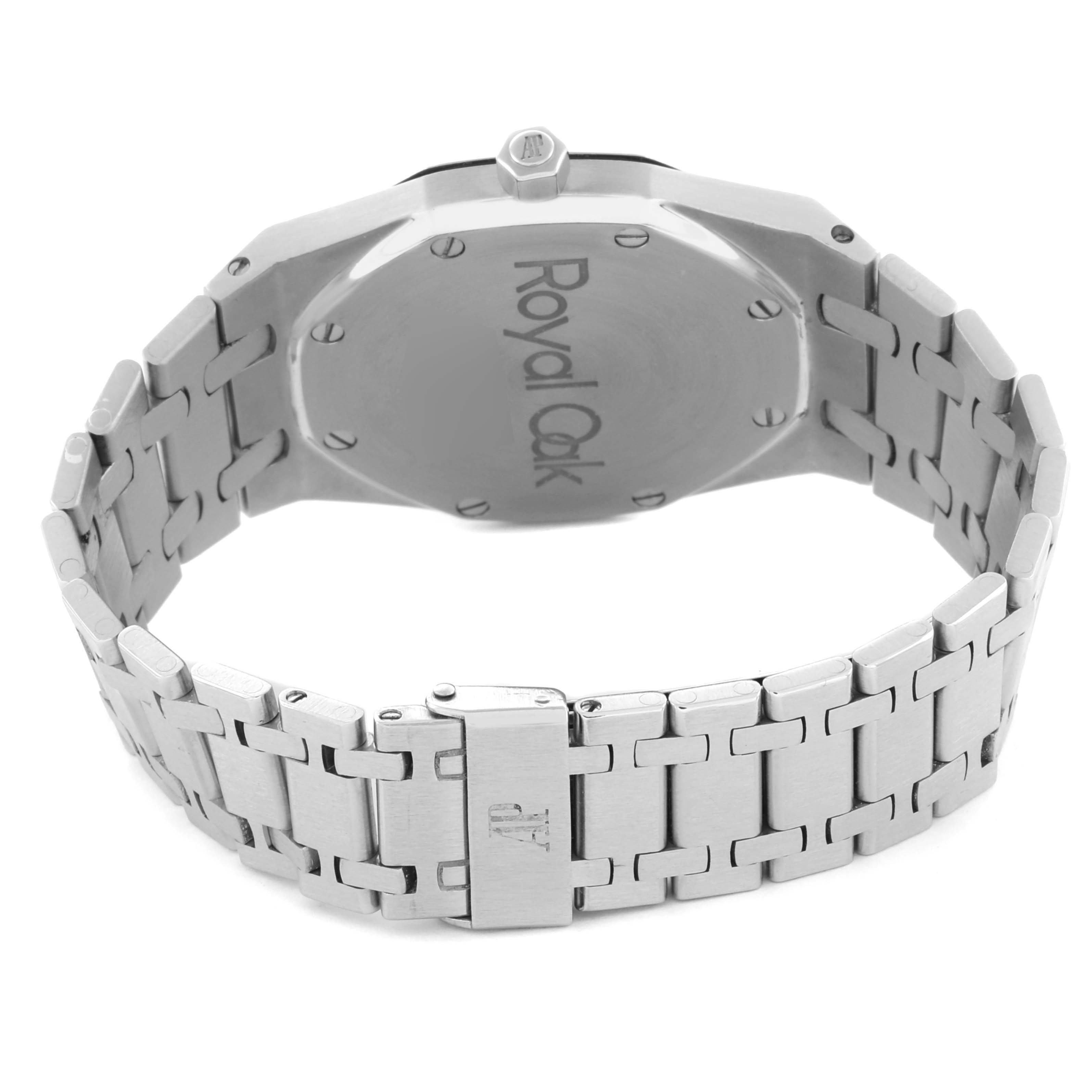 The image shows the back view of an Audemars Piguet Royal Oak 5402ST Men's Stainless Steel Black Dial 5402ST Men's Stainless Steel Black Dial watch, highlighting the caseback and metal bracelet with clasp.