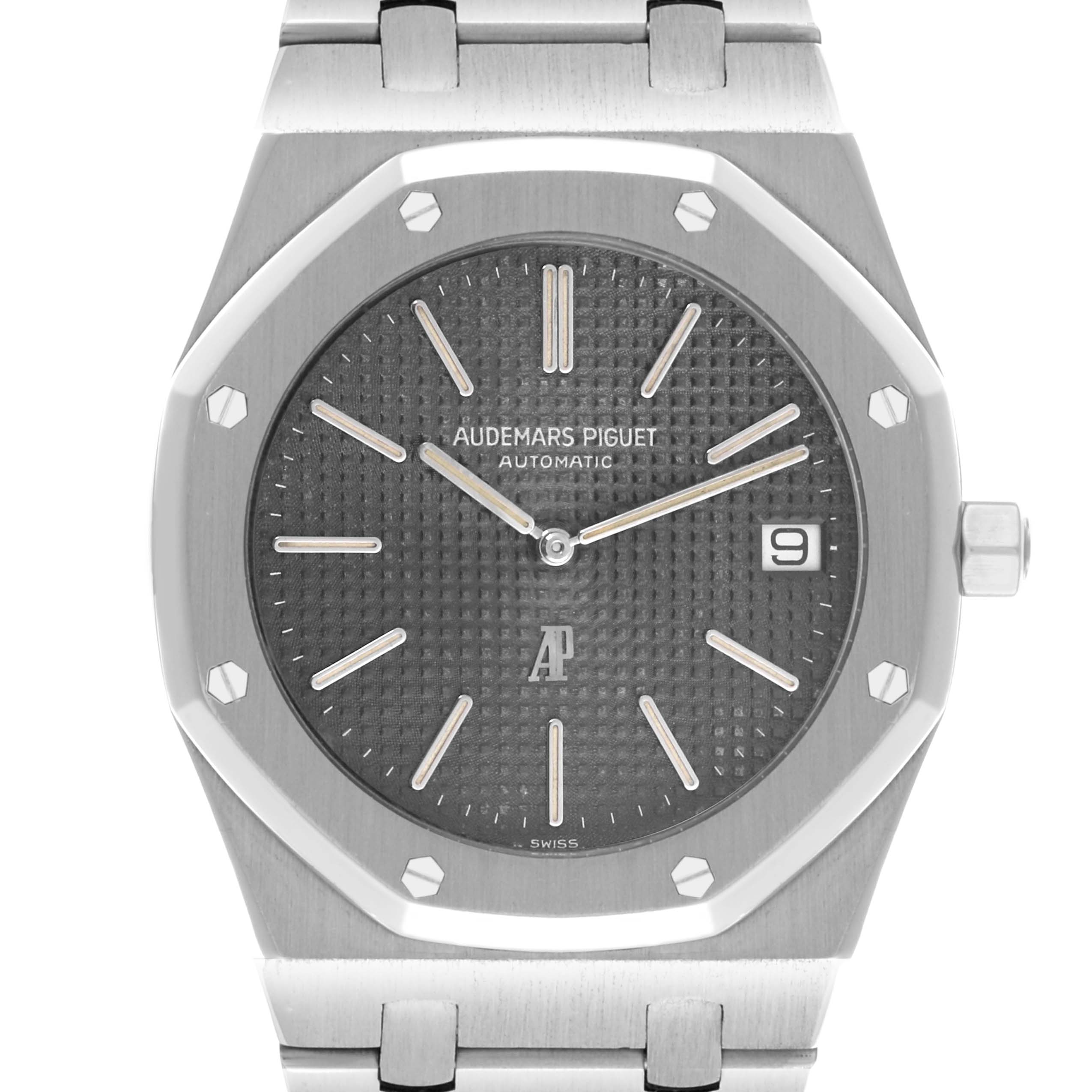 The Audemars Piguet Royal Oak 5402ST Men's Stainless Steel Black Dial 5402ST Men's Stainless Steel Black Dial watch is shown from the front, highlighting the dial, bezel, and part of the bracelet.