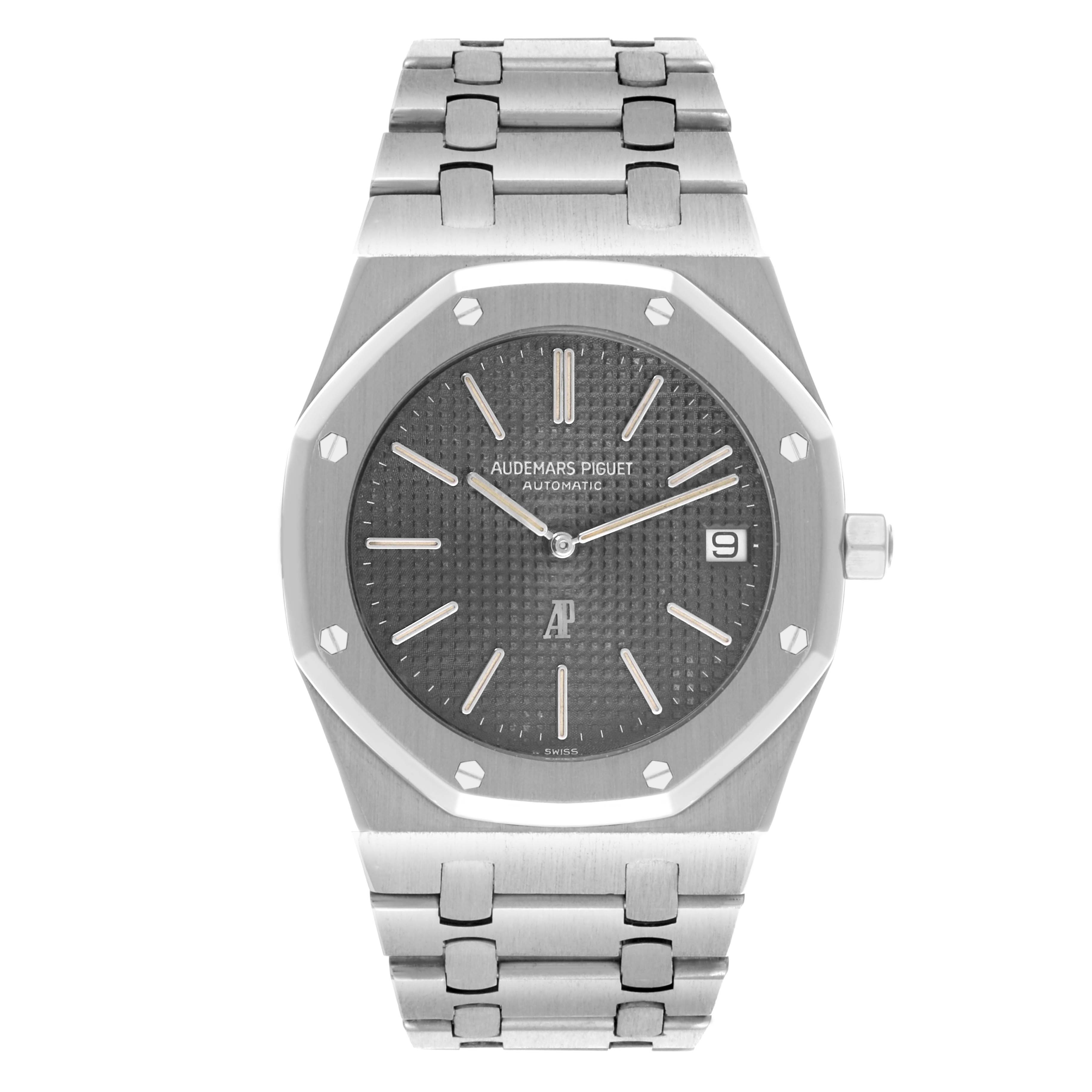 The Audemars Piguet Royal Oak 5402ST Men's Stainless Steel Black Dial 5402ST Men's Stainless Steel Black Dial watch is shown from the front, displaying the dial, bezel, bracelet, and crown.