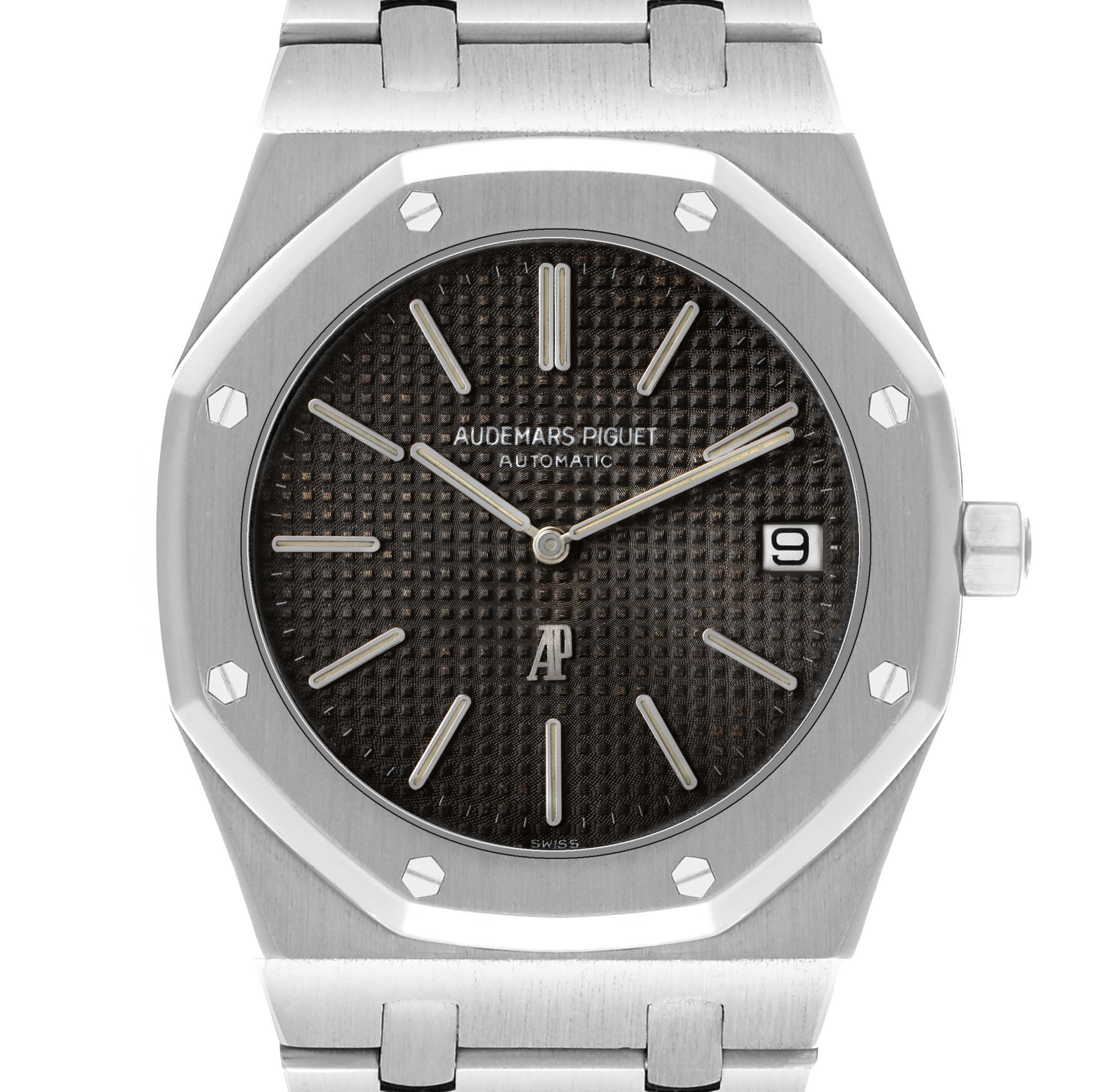 The Audemars Piguet Royal Oak 5402ST Men's Stainless Steel Black Dial watch is shown from a front angle, highlighting its octagonal bezel, dial, and bracelet.