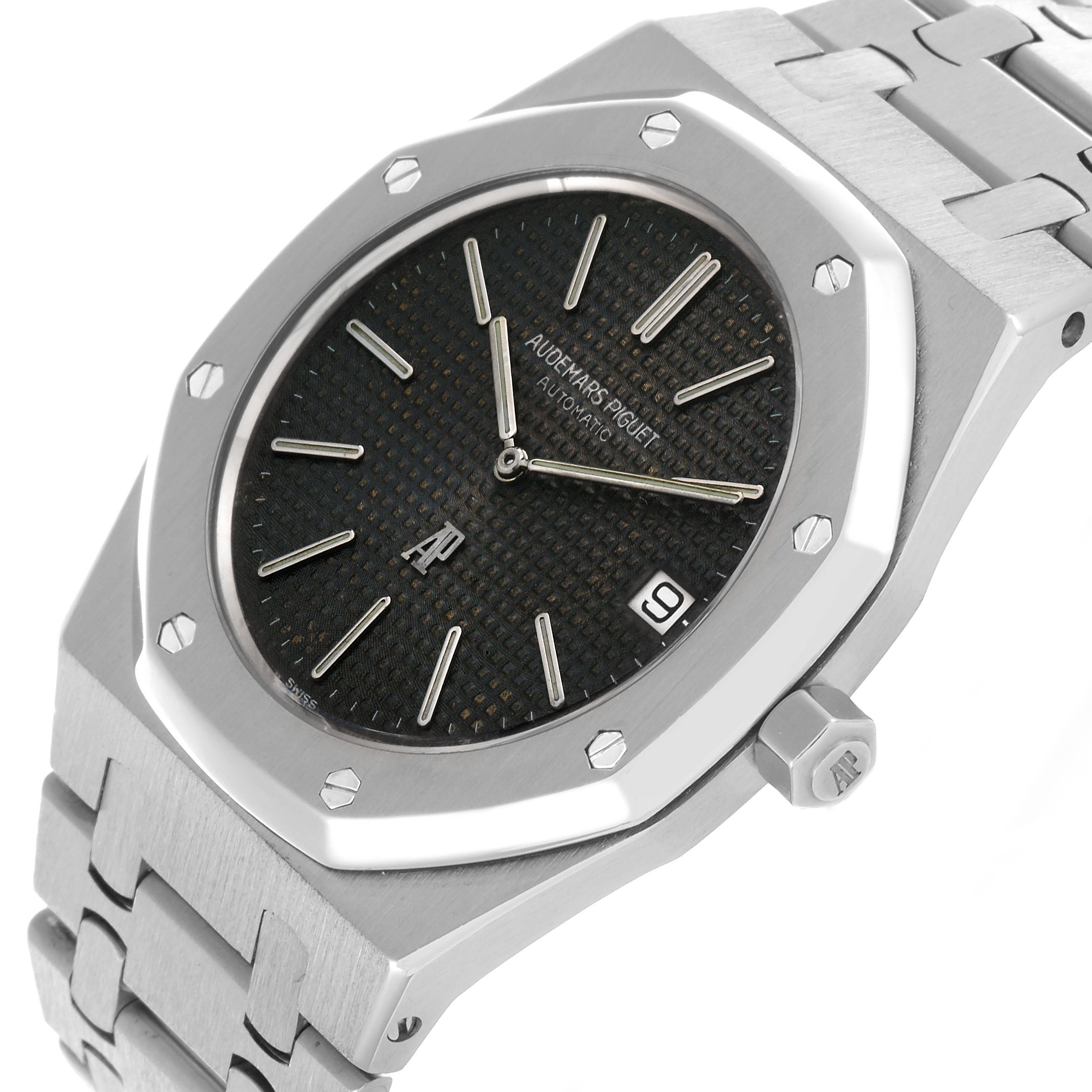The Audemars Piguet Royal Oak 5402ST Men's Stainless Steel Black Dial watch is shown at a three-quarter angle, displaying the face, bezel, bracelet, and crown.