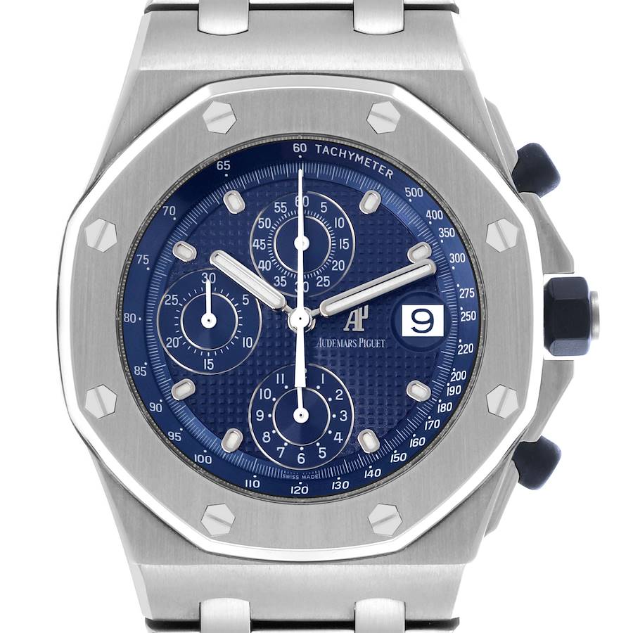 The Audemars Piguet Royal Oak Offshore watch is shown from the front, highlighting the blue dial, chronograph subdials, and date window.