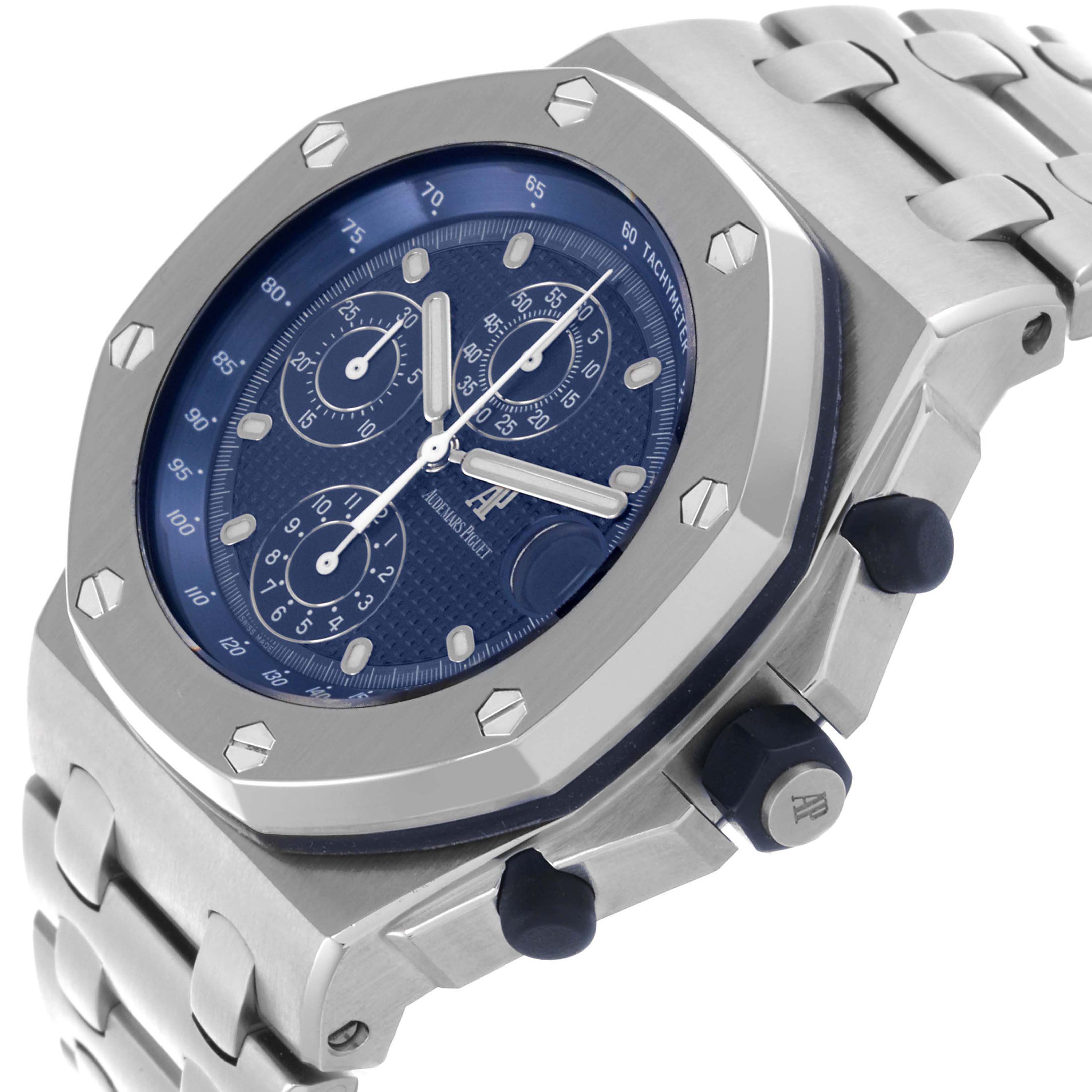 The Audemars Piguet Royal Oak Offshore 25721ST.OO.1000ST.01 Men's Stainless Steel Blue Dial 25721ST.OO.1000ST.01 Men's Stainless Steel Blue Dial watch is shown at an angle displaying the face, side pushers, and part of the bracelet.