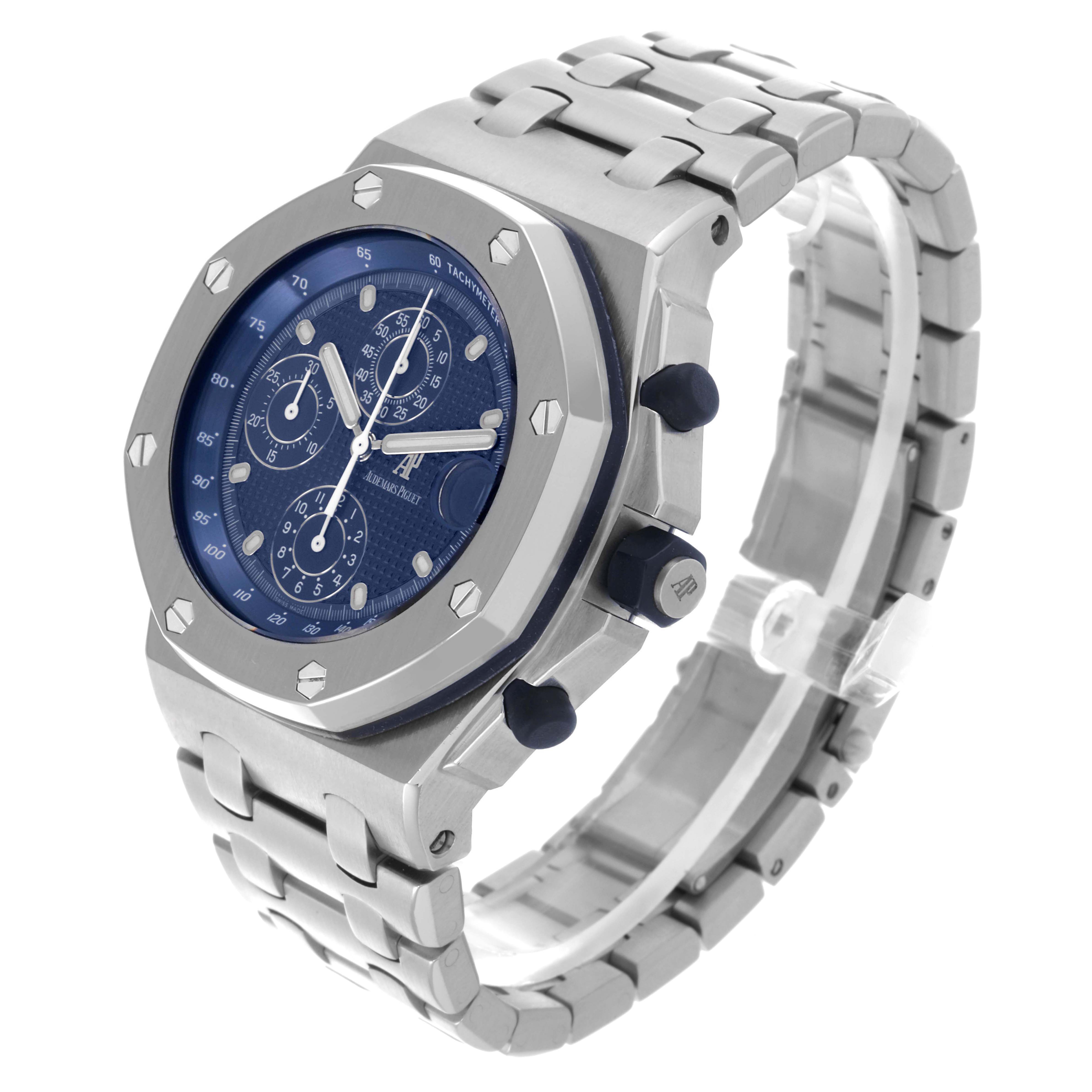 The Audemars Piguet Royal Oak Offshore 25721ST.OO.1000ST.01 Men's Stainless Steel Blue Dial 25721ST.OO.1000ST.01 Men's Stainless Steel Blue Dial watch is shown at a three-quarter angle, displaying the blue dial, bezel, case, and bracelet.
