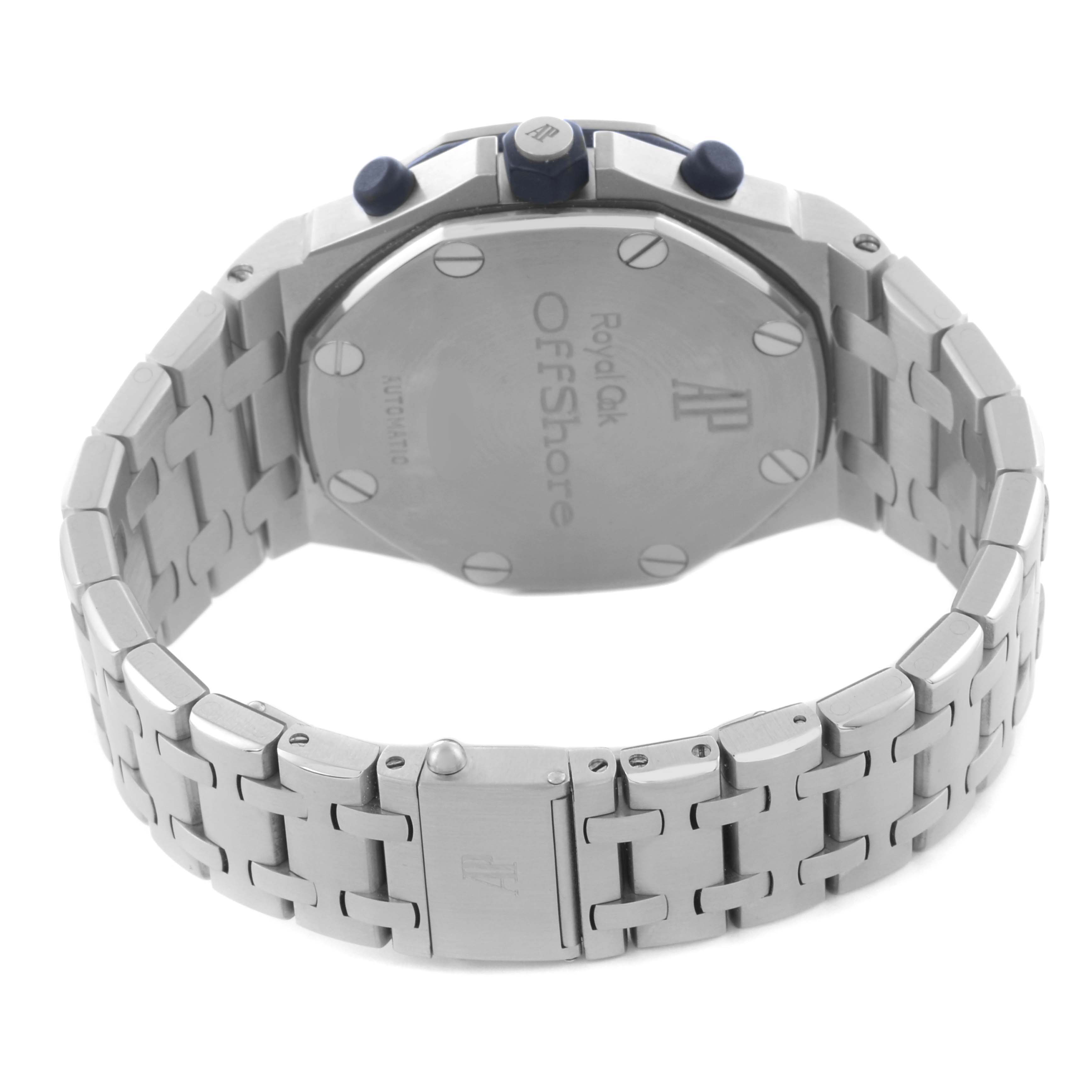 The image shows the back and side of the Audemars Piguet Royal Oak Offshore 25721ST.OO.1000ST.01 Men's Stainless Steel Blue Dial 25721ST.OO.1000ST.01 Men's Stainless Steel Blue Dial, highlighting the case back, bracelet, and clasp.