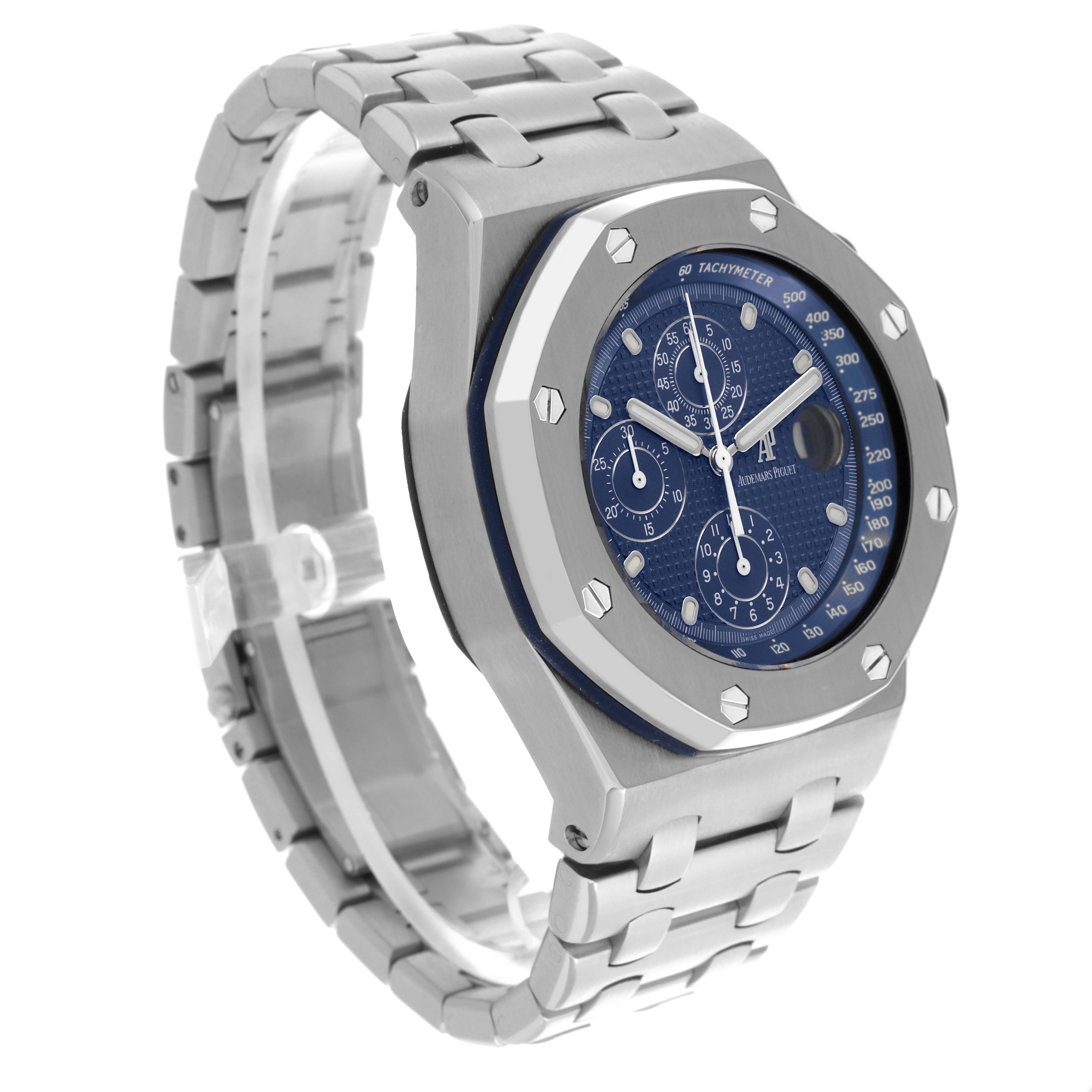 The image shows a Royal Oak Offshore by Audemars Piguet at a 3/4 angle, highlighting the case, bezel, and bracelet.