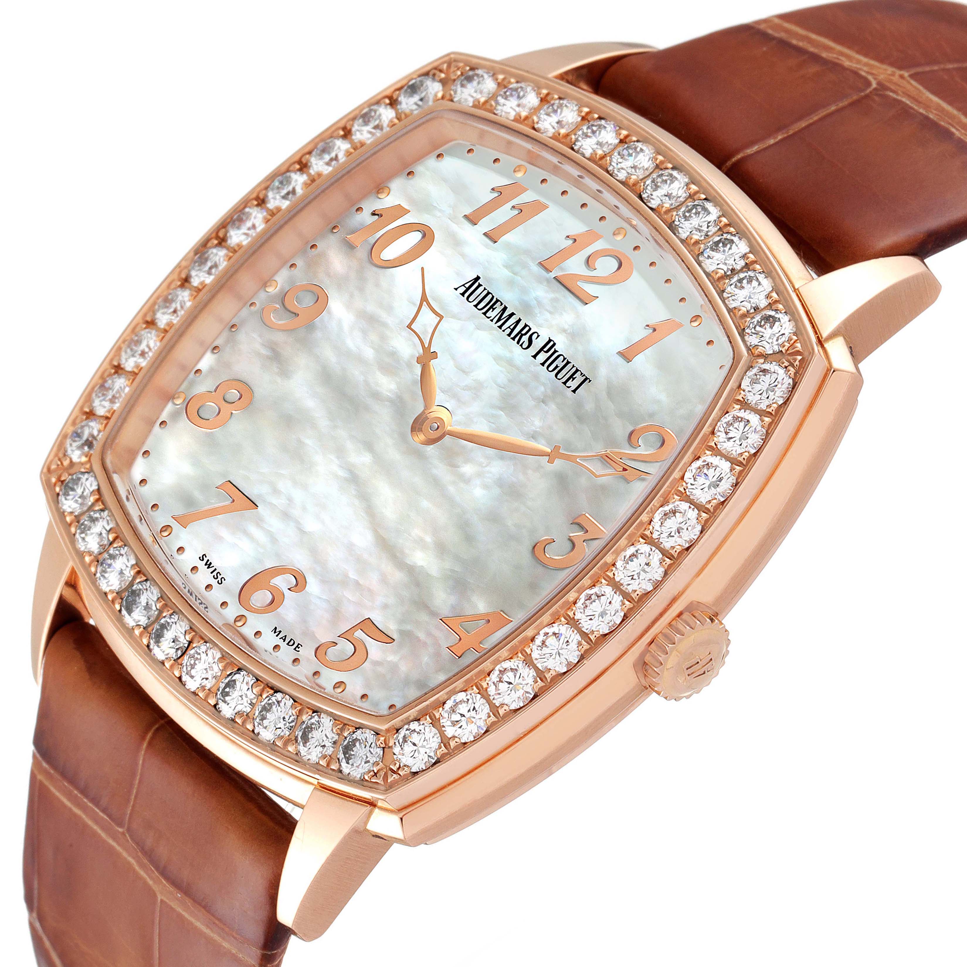 The image shows an Audemars Piguet Vintage 15337OR.22.A810CR.01 Men's Rose Gold Mother of Pearl Dial 15337OR.22.A810CR.01 Men's Rose Gold Mother of Pearl Dial model watch from an oblique angle, highlighting its diamond bezel, mother-of-pearl dial, and leather strap.