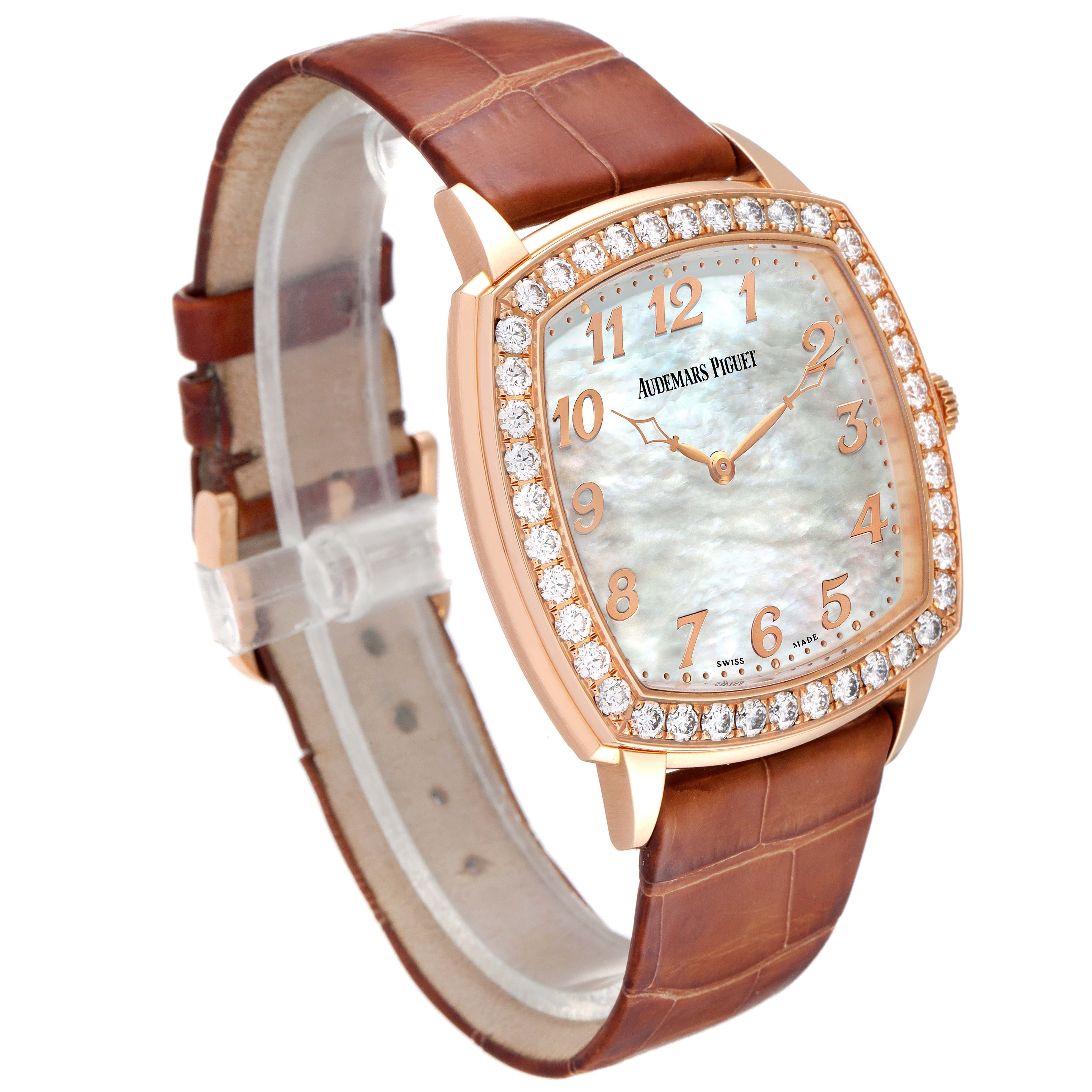 The Audemars Piguet Vintage 15337OR.22.A810CR.01 Men's Rose Gold Mother of Pearl Dial 15337OR.22.A810CR.01 Men's Rose Gold Mother of Pearl Dial watch is shown at an angle displaying its face, bezel, crown, and brown leather strap.