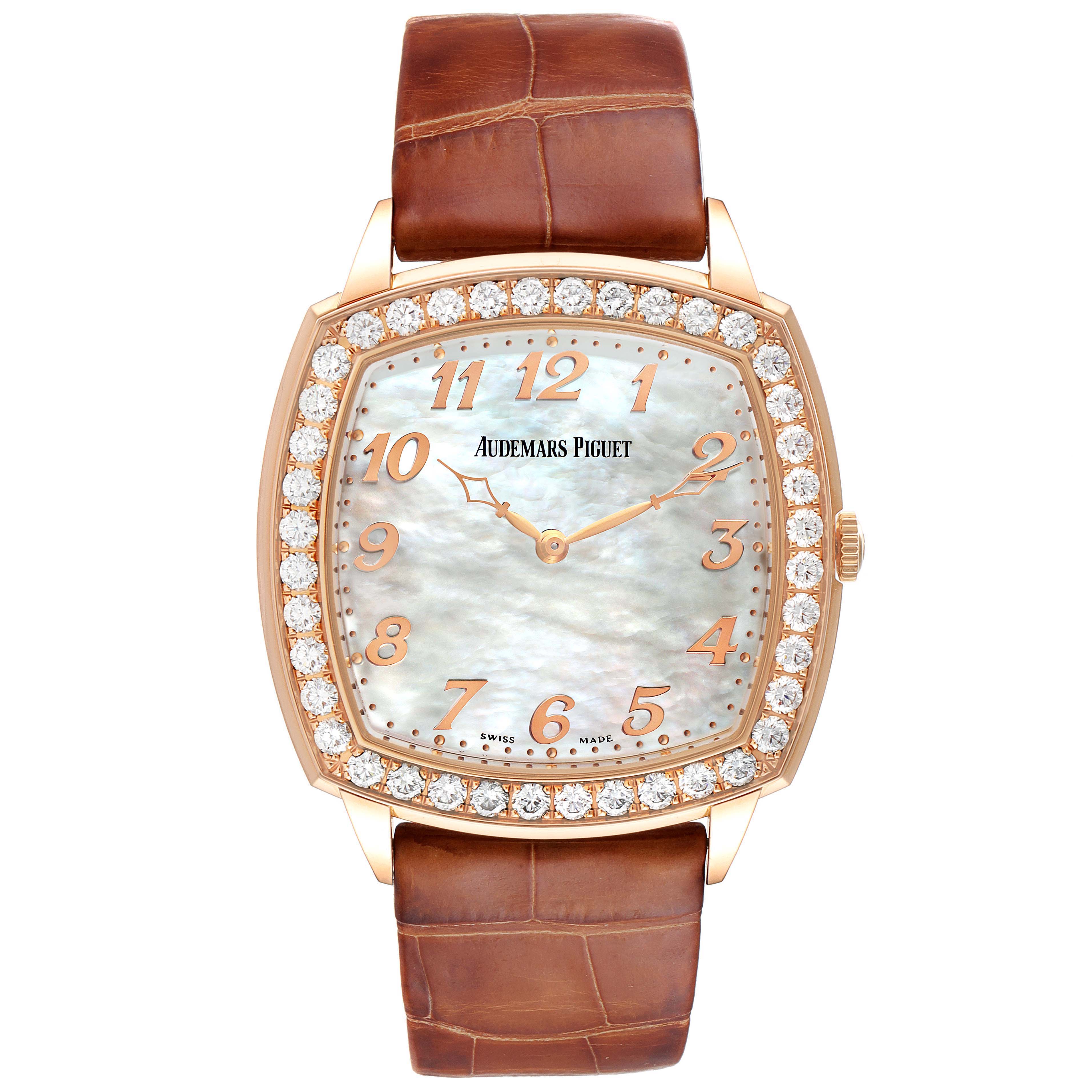 This image shows a front view of the Audemars Piguet Vintage 15337OR.22.A810CR.01 Men's Rose Gold Mother of Pearl Dial 15337OR.22.A810CR.01 Men's Rose Gold Mother of Pearl Dial model watch, featuring a leather strap, diamond-set bezel, and mother-of-pearl dial.