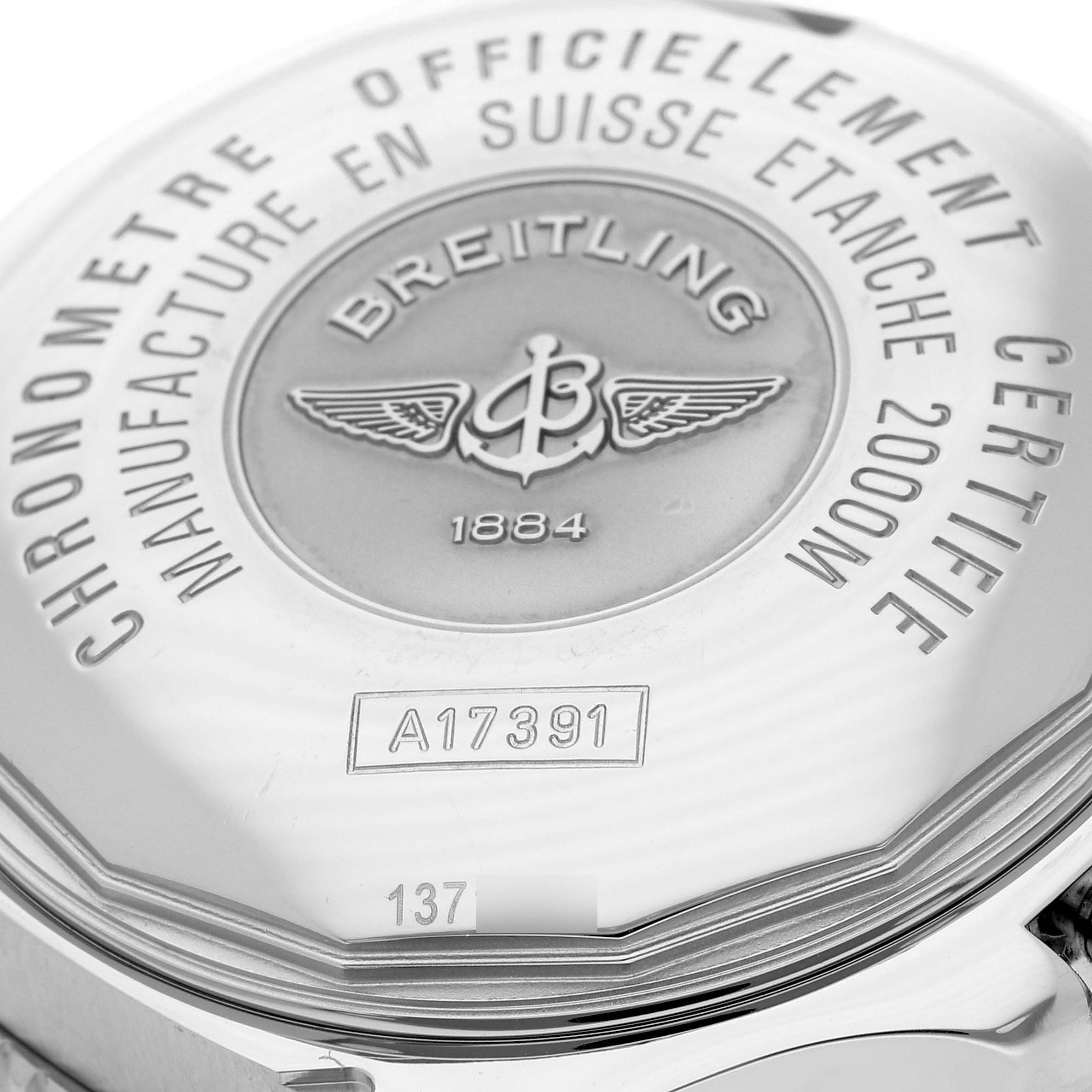 This image shows the back case of a Breitling Superocean A17391 Men's Stainless Steel Black Dial A17391 Men's Stainless Steel Black Dial watch, highlighting the brand's logo, model number, and water resistance.
