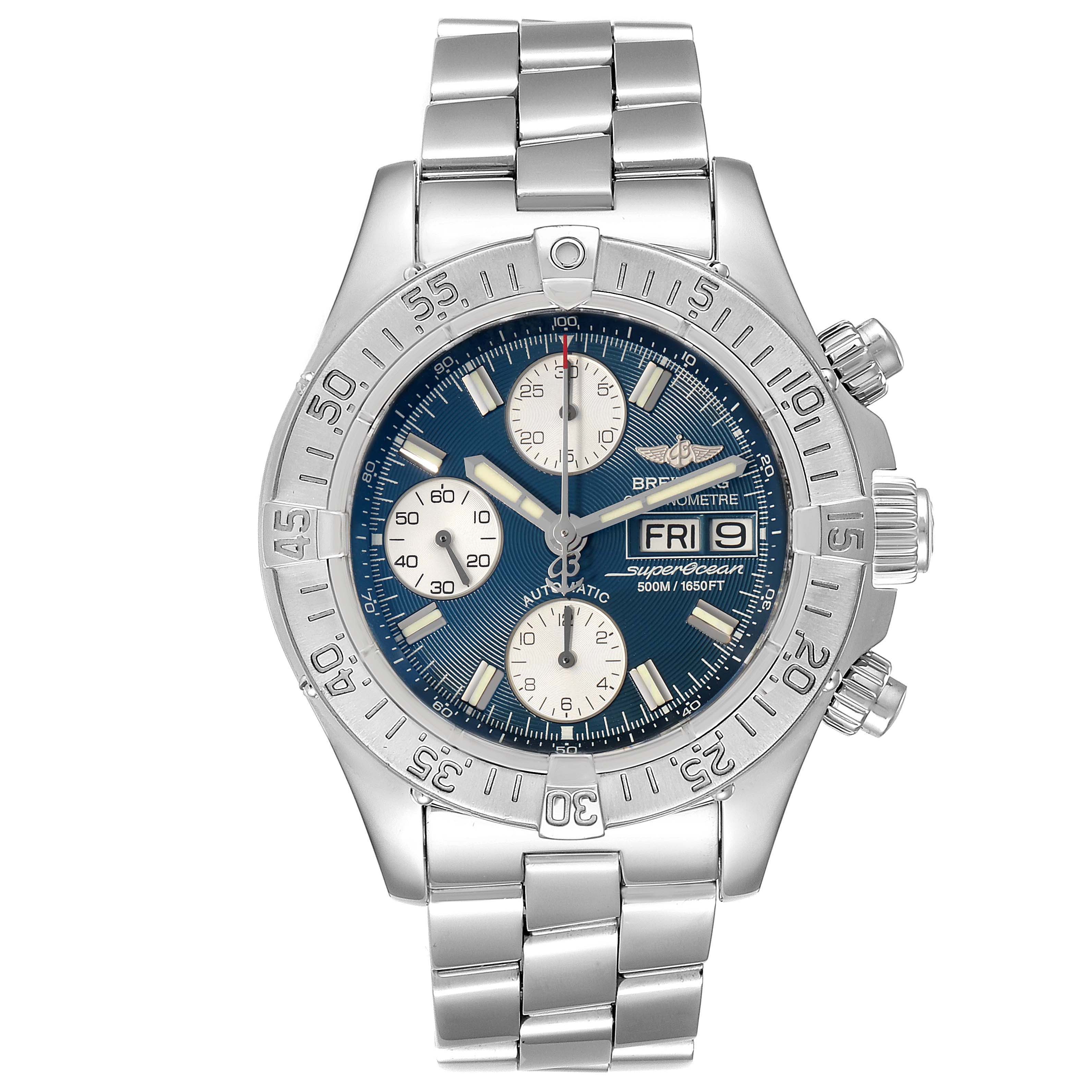 The image shows a top view of a Breitling Superocean A13340 Men's Stainless Steel Blue Dial A13340 Men's Stainless Steel Blue Dial watch displaying its face, bezel, and metal bracelet.