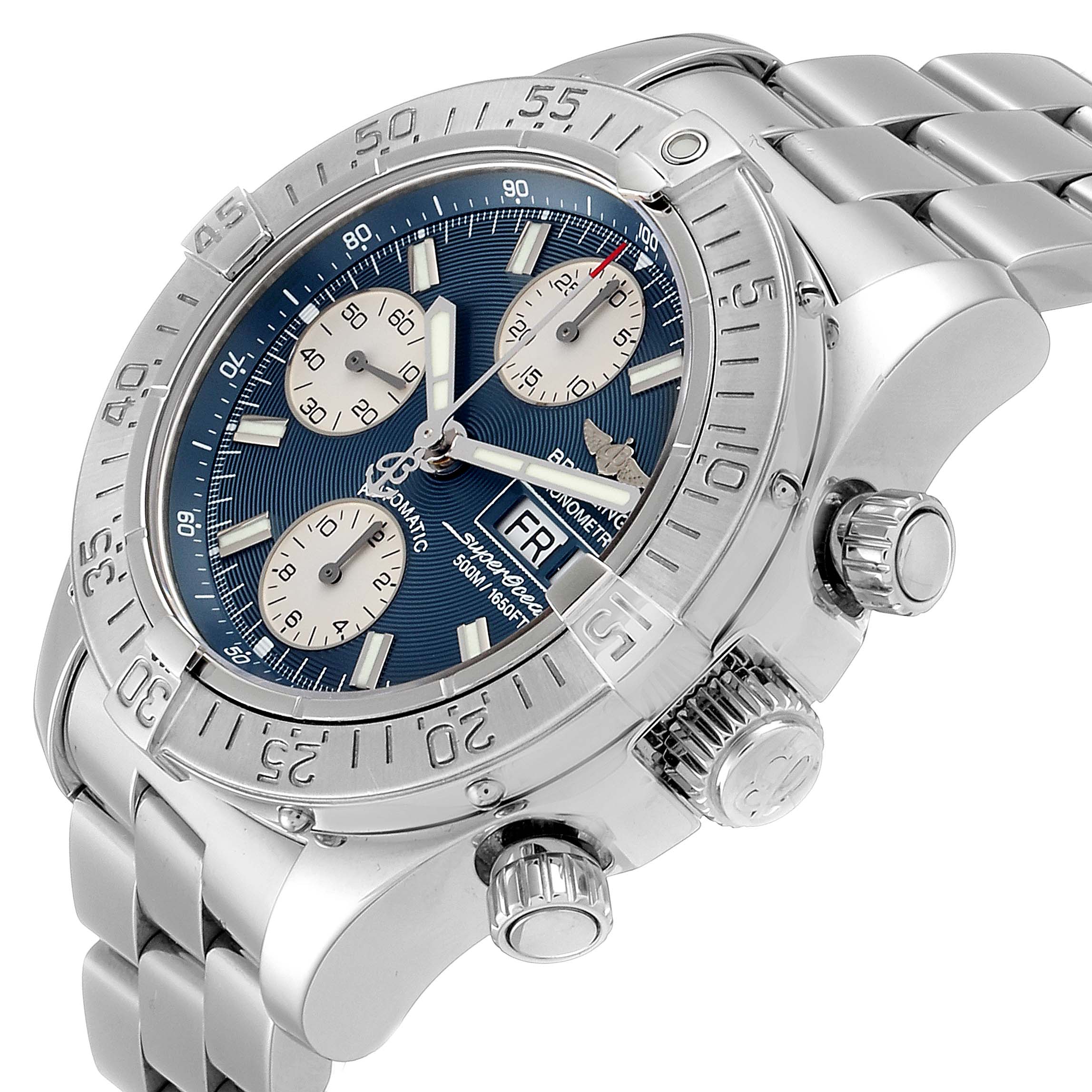 The Breitling Superocean A13340 Men's Stainless Steel Blue Dial A13340 Men's Stainless Steel Blue Dial watch is shown from an angled front perspective, highlighting the dial, bezel, crown, and stainless steel bracelet.