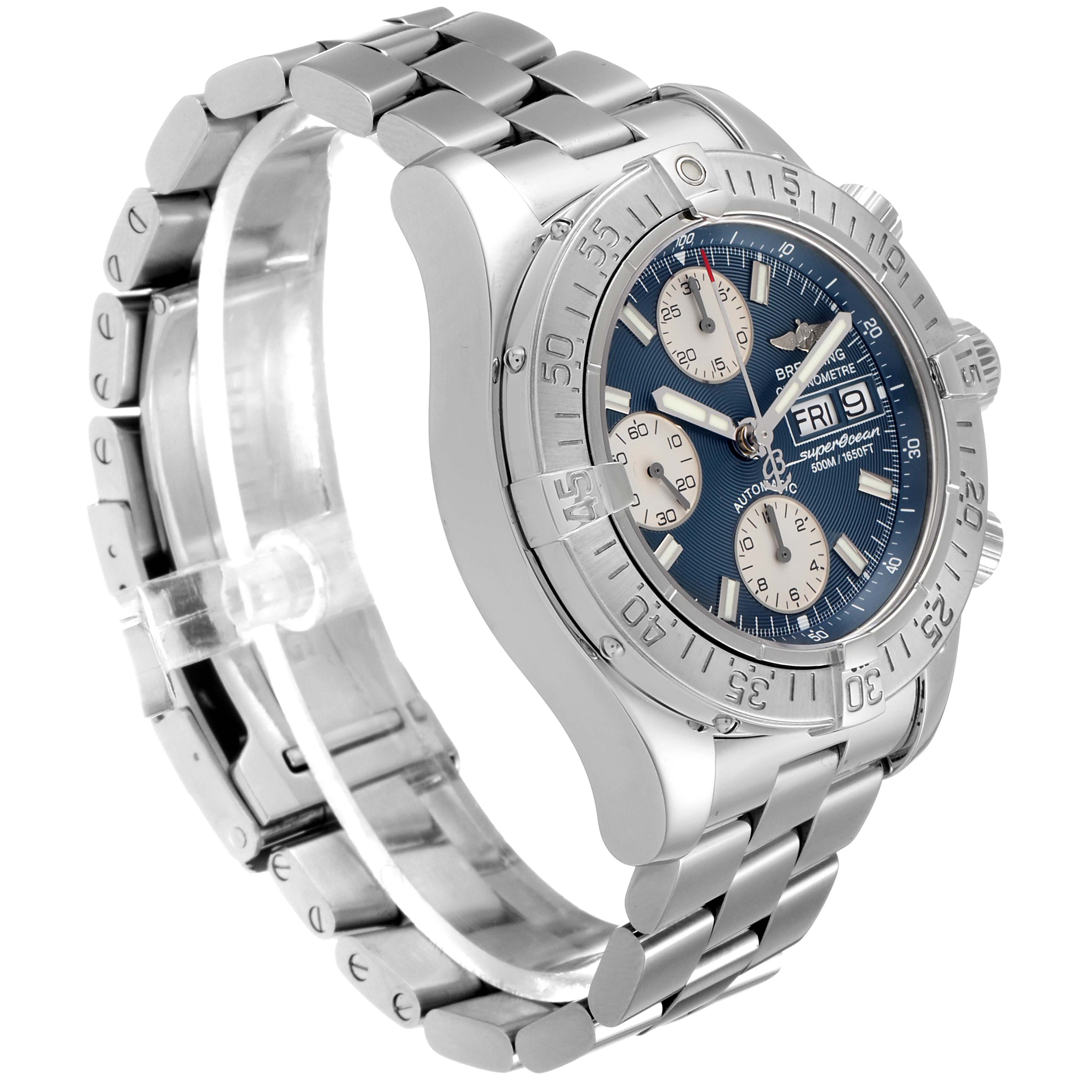 The Breitling Superocean A13340 Men's Stainless Steel Blue Dial A13340 Men's Stainless Steel Blue Dial watch is shown at an angled side view, highlighting its metallic bracelet, bezel, and dial.